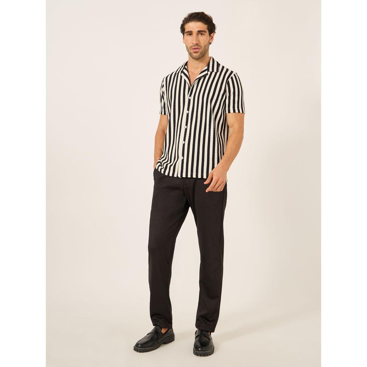 Fort Collins Men Black Striped Short Sleeve Regular Fit Shirt-men-clothing-shirts-image-2