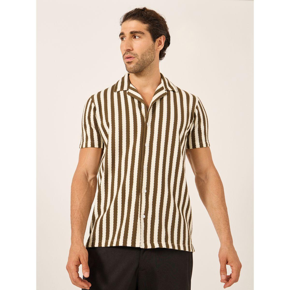 Fort Collins Men Brown Striped Short Sleeve Regular Fit Shirt-men-clothing-shirts-image-1