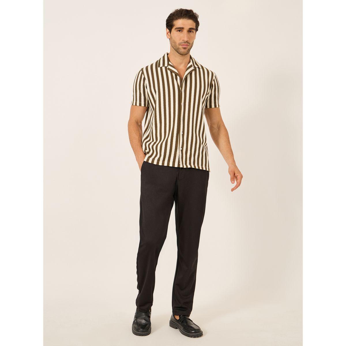 Fort Collins Men Brown Striped Short Sleeve Regular Fit Shirt-men-clothing-shirts-image-2