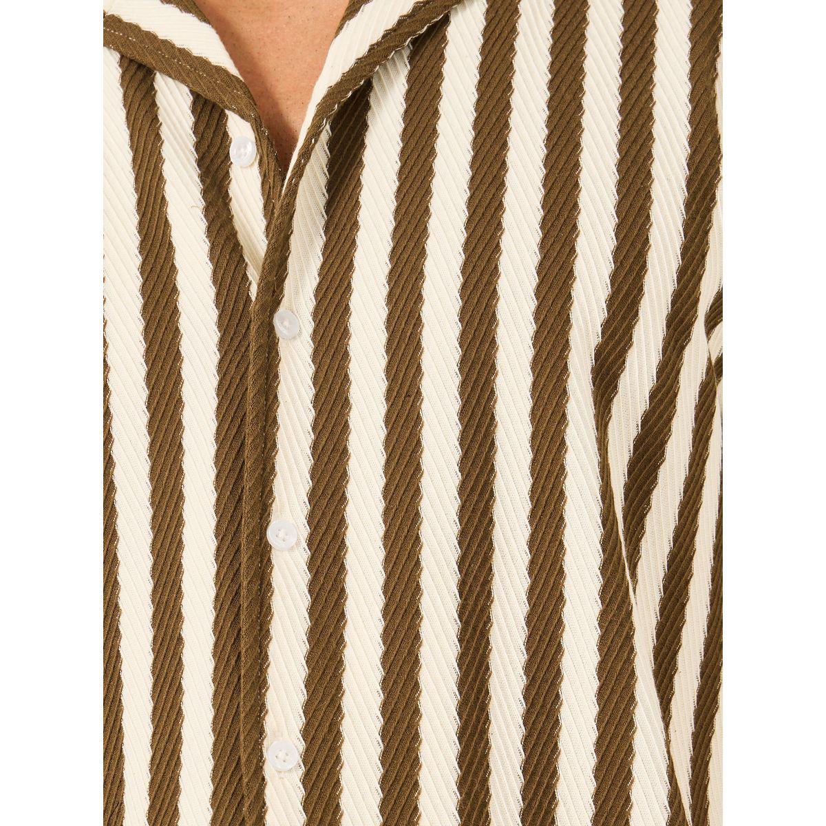 Fort Collins Men Brown Striped Short Sleeve Regular Fit Shirt-men-clothing-shirts-image-3