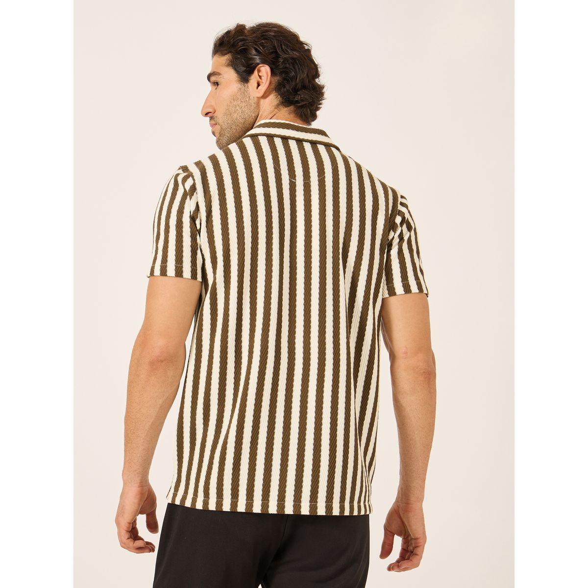 Fort Collins Men Brown Striped Short Sleeve Regular Fit Shirt-men-clothing-shirts-image-4