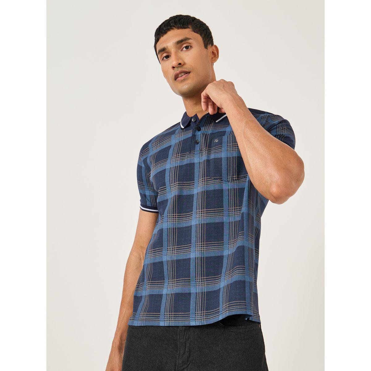 تيشيرت بياقة بولو وطبعة مربعات مع تفاصيل جيب-men-clothing-tshirtsandpolos-tshirts-image-1
