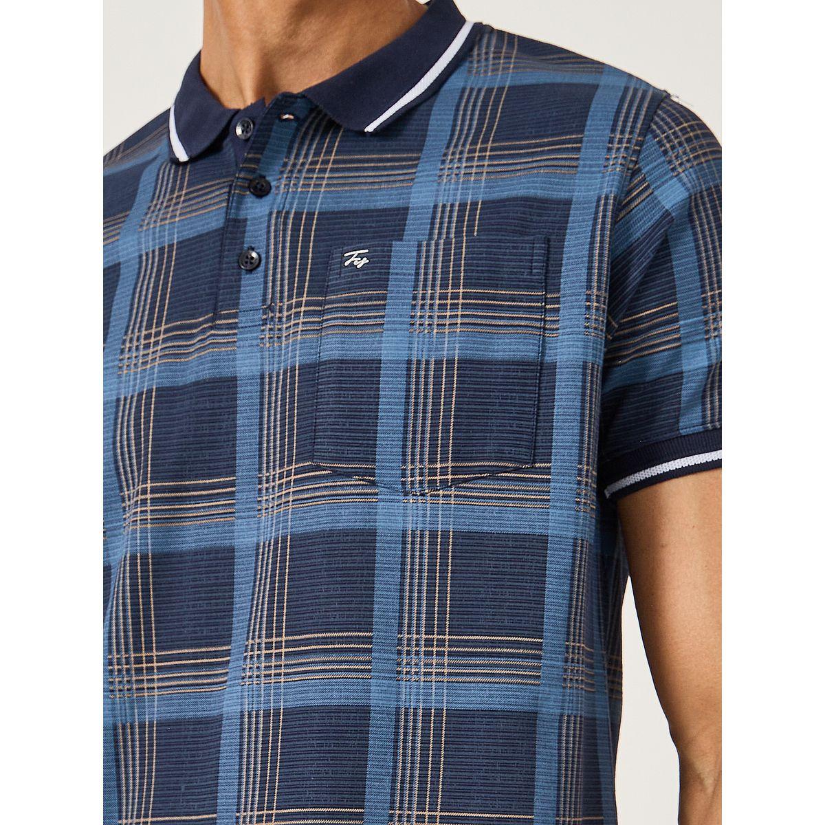 Fort Collins Men Blue Checked Pocket Detail Regular Fit Polo T-Shirt-men-clothing-tshirtsandpolos-tshirts-image-3