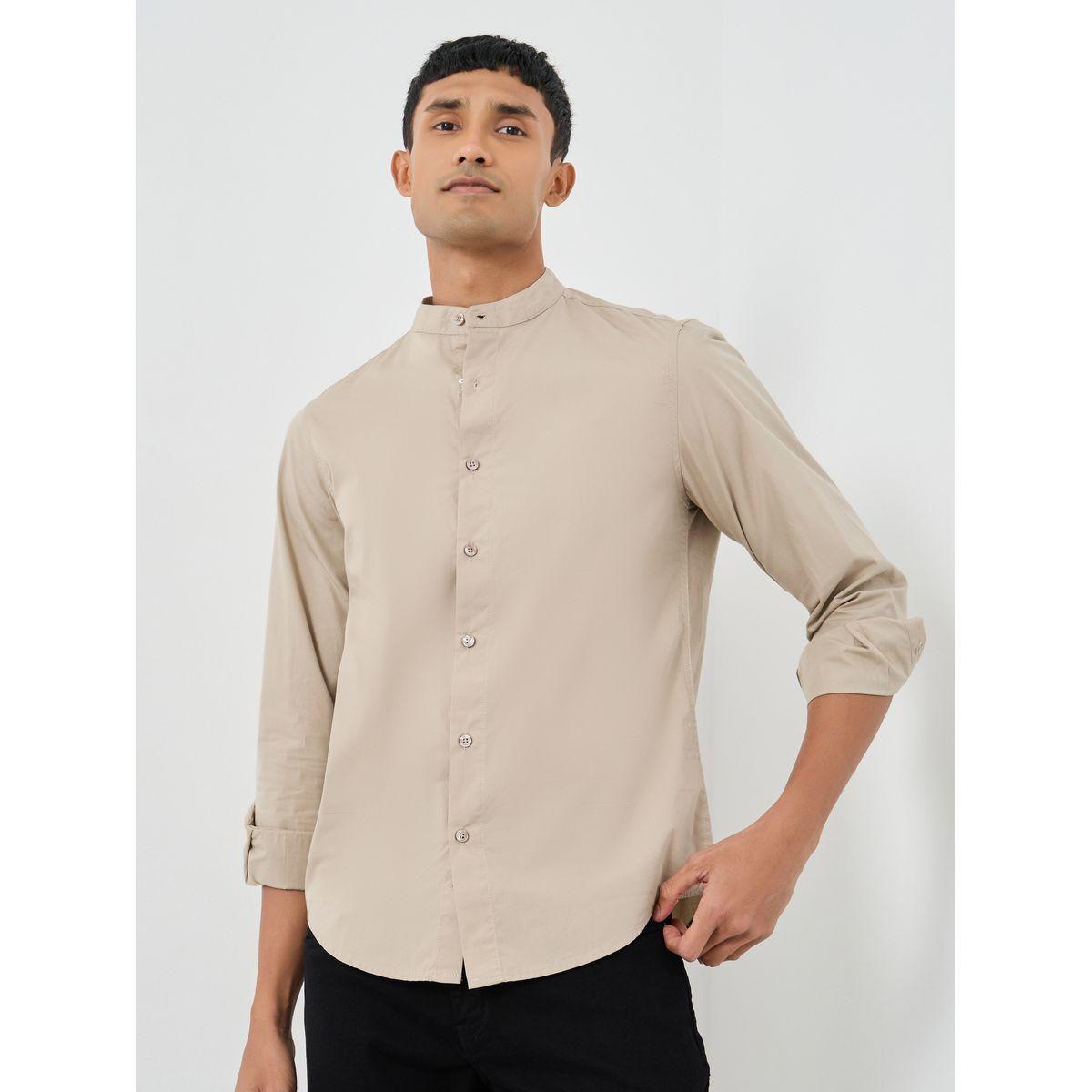 Styli Solid Mandarin Collar Regular Fit Poplin Shirt-men-clothing-shirts-image-1