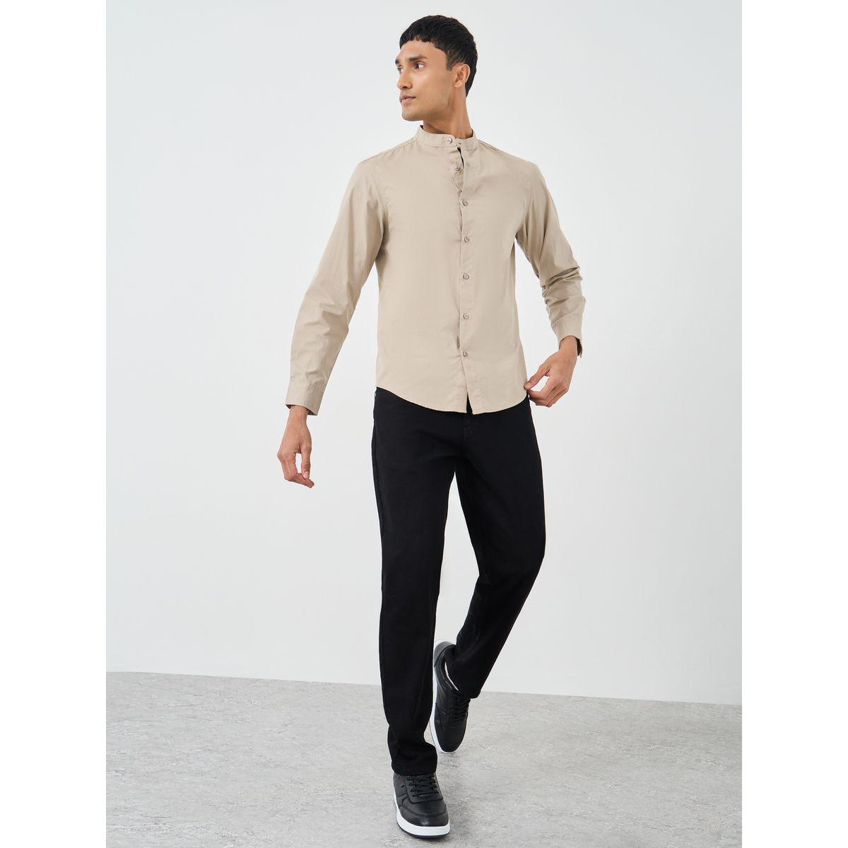 Styli Solid Mandarin Collar Regular Fit Poplin Shirt-men-clothing-shirts-image-2