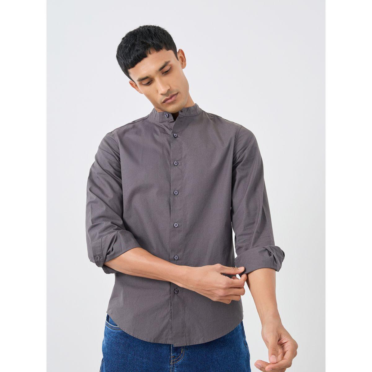 Styli Solid Mandarin Collar Regular Fit Poplin Shirt-men-clothing-shirts-image-1