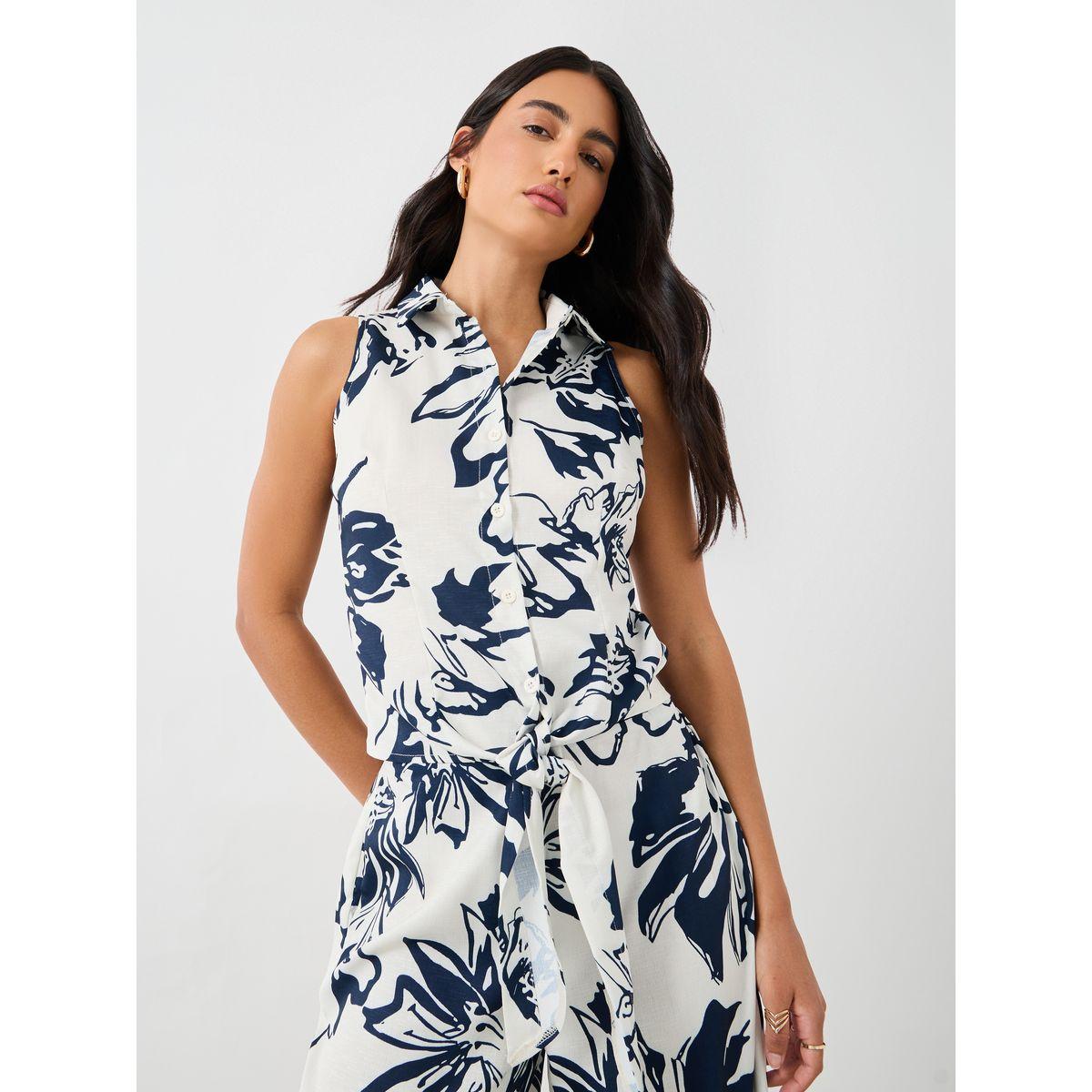 بلوزة مخططة بلا أكمام مع ياقة ريزورت وأربطة-women-clothing-shirtsandblouses-shirts-image-1