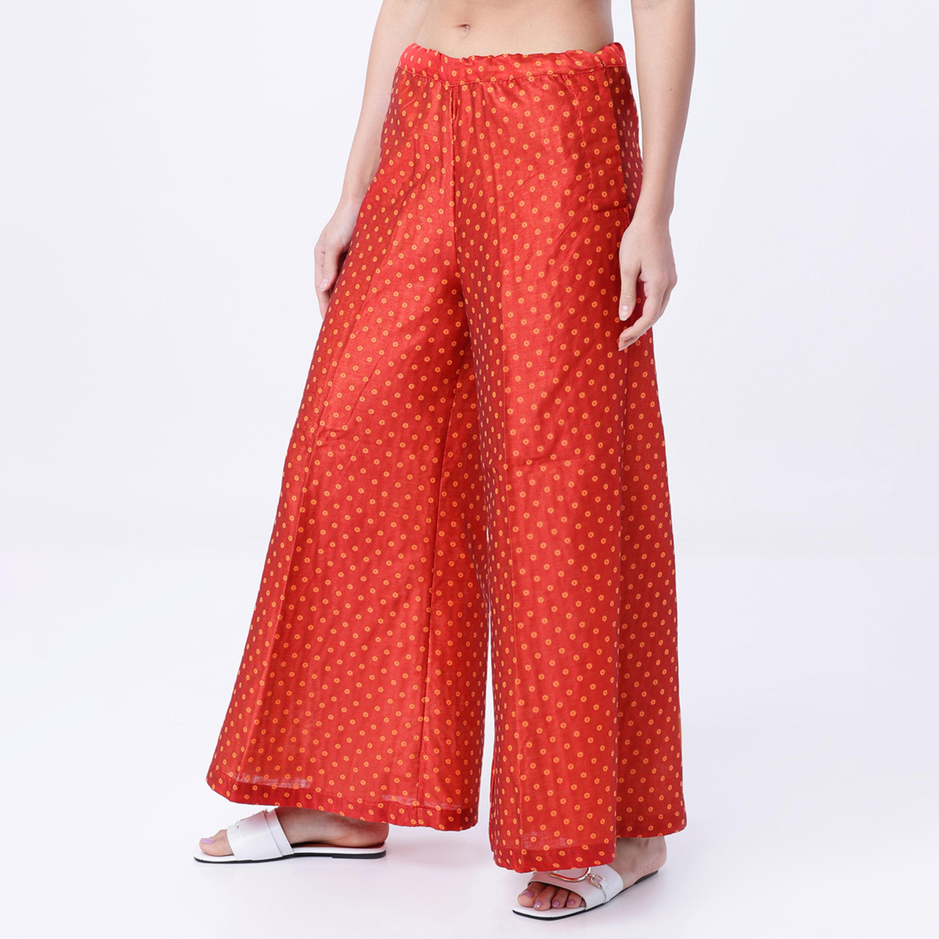 فيشود × ستايلي - بنطال نسائي بقصّة عادية ومطبوع ومتوازي - أحمر-women-clothing-bottoms-trousers-image-2