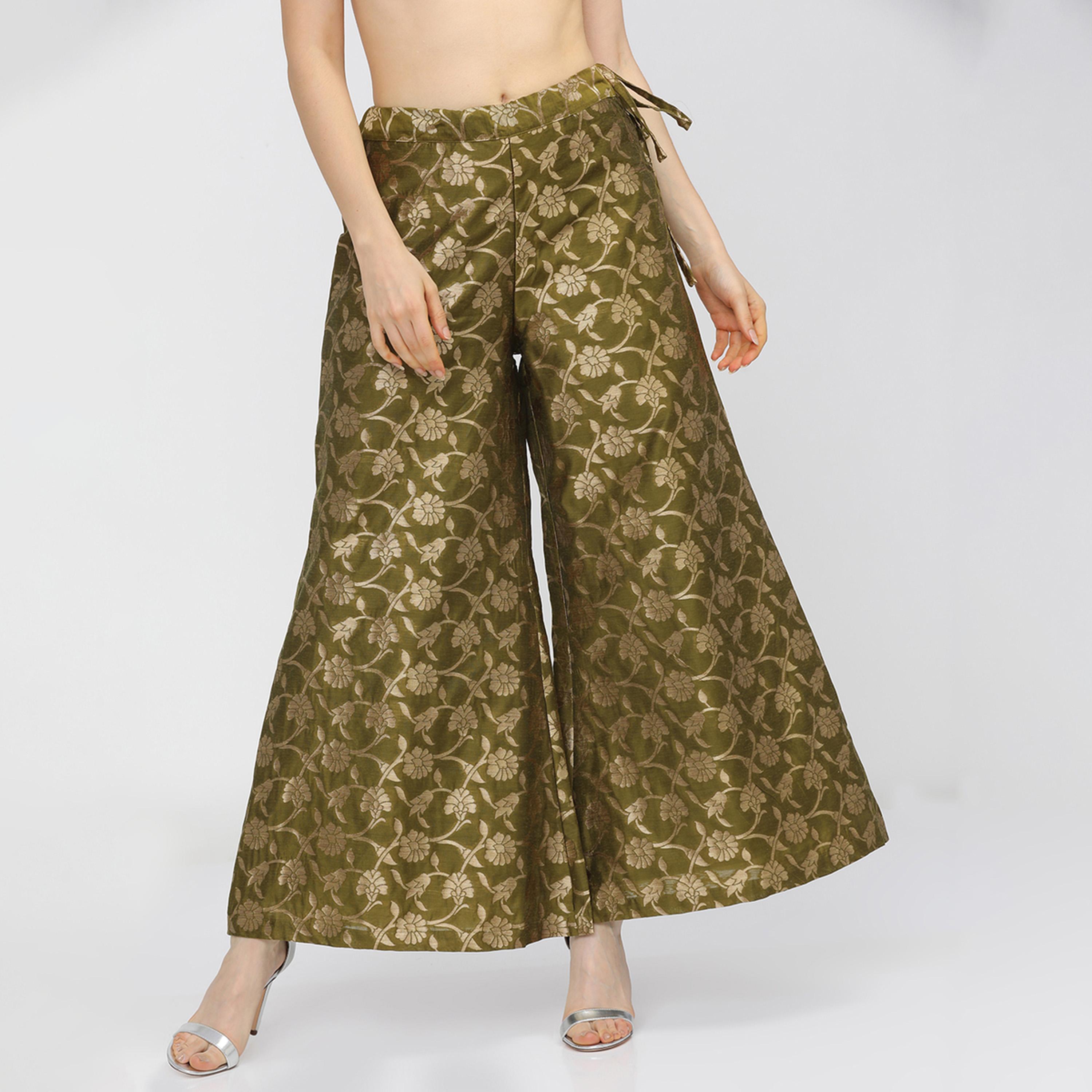 فيشود × ستايلي - بنطال بالازو نسائي منسوج باللونين الزيتي والذهبي-women-clothing-ethnicwear-kurtasets-image-1