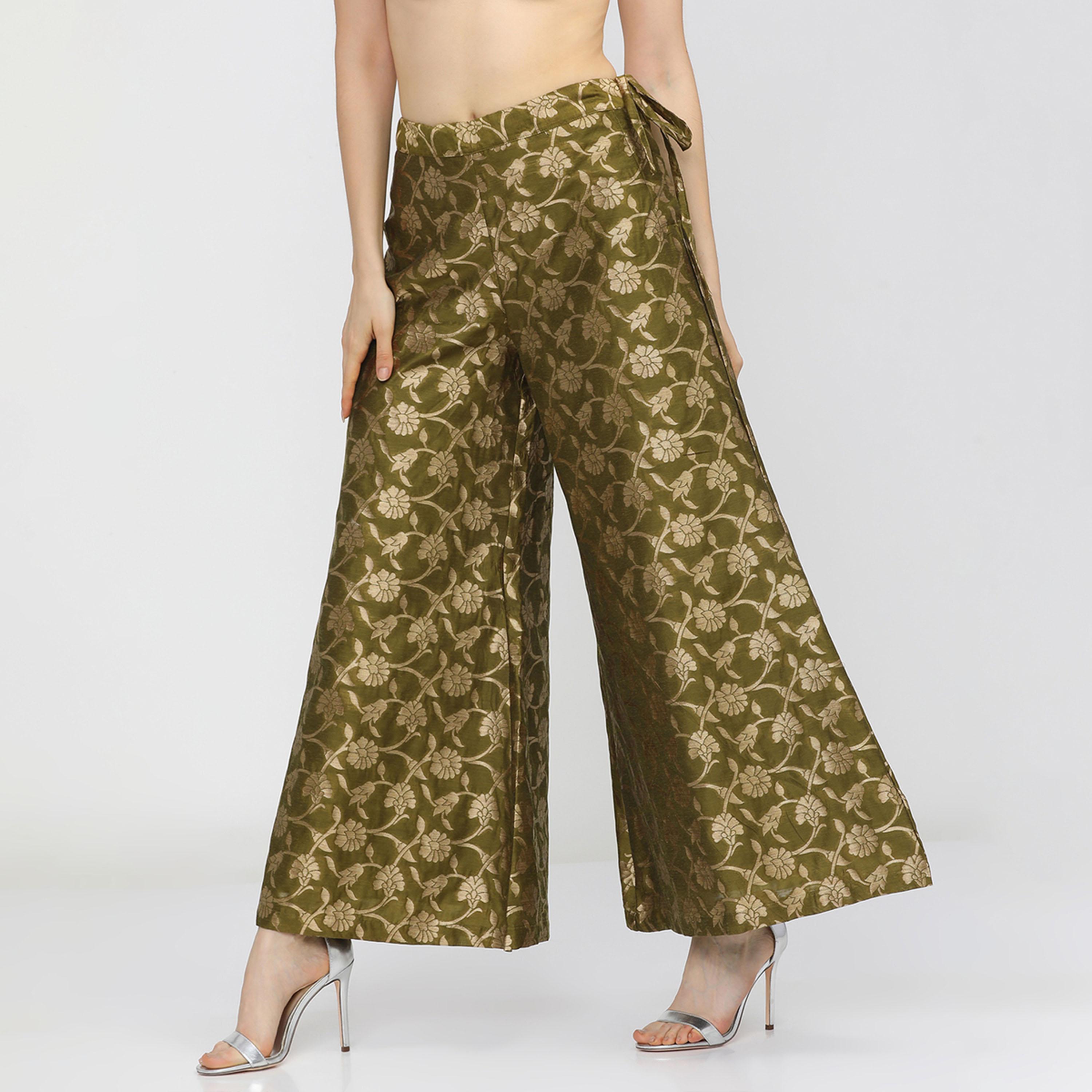 فيشود × ستايلي - بنطال بالازو نسائي منسوج باللونين الزيتي والذهبي-women-clothing-ethnicwear-kurtasets-image-2