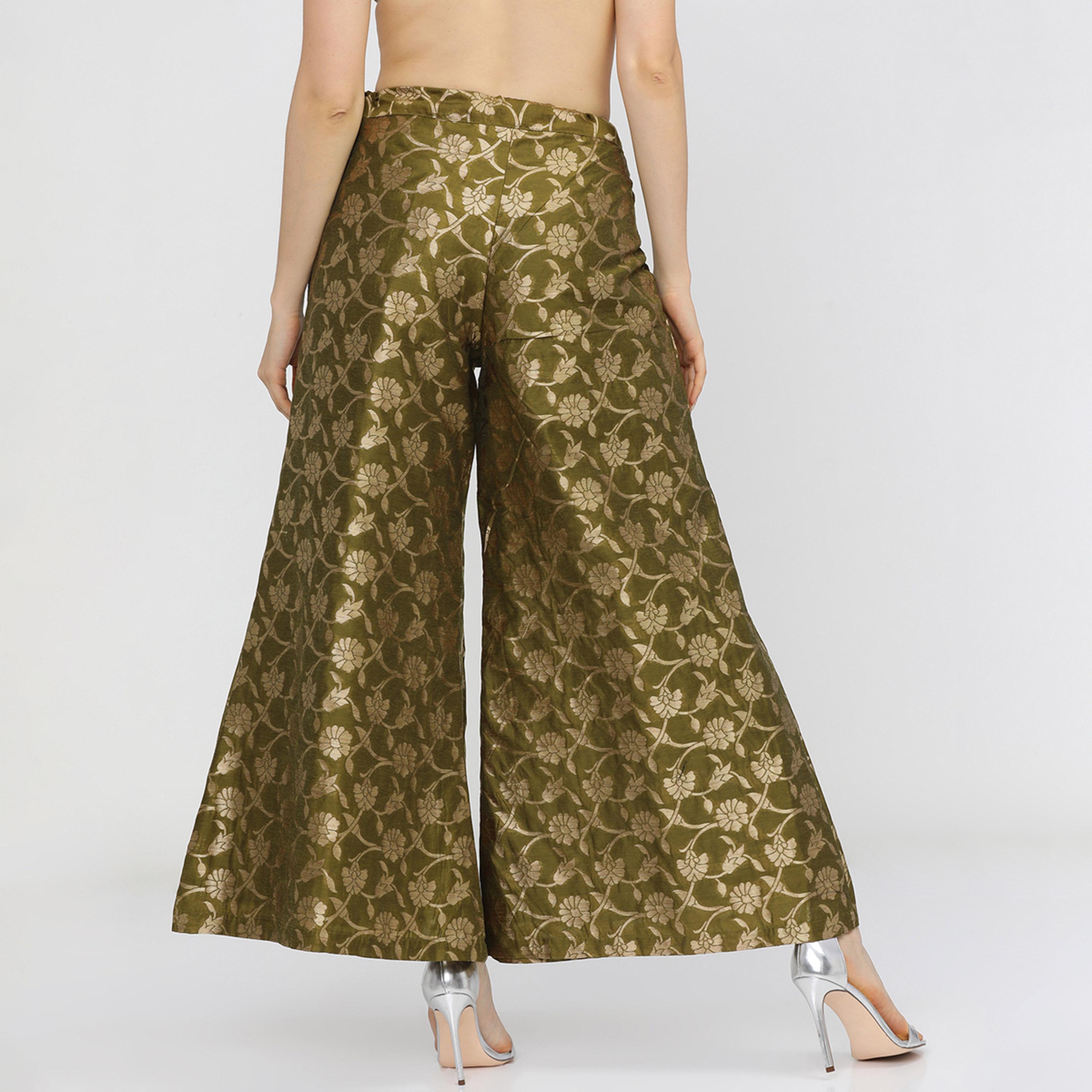 Vishudh X Styli Women Olive & Gold-Toned Floral Woven Designed Palazzo-women-clothing-ethnicwear-kurtasets-image-3