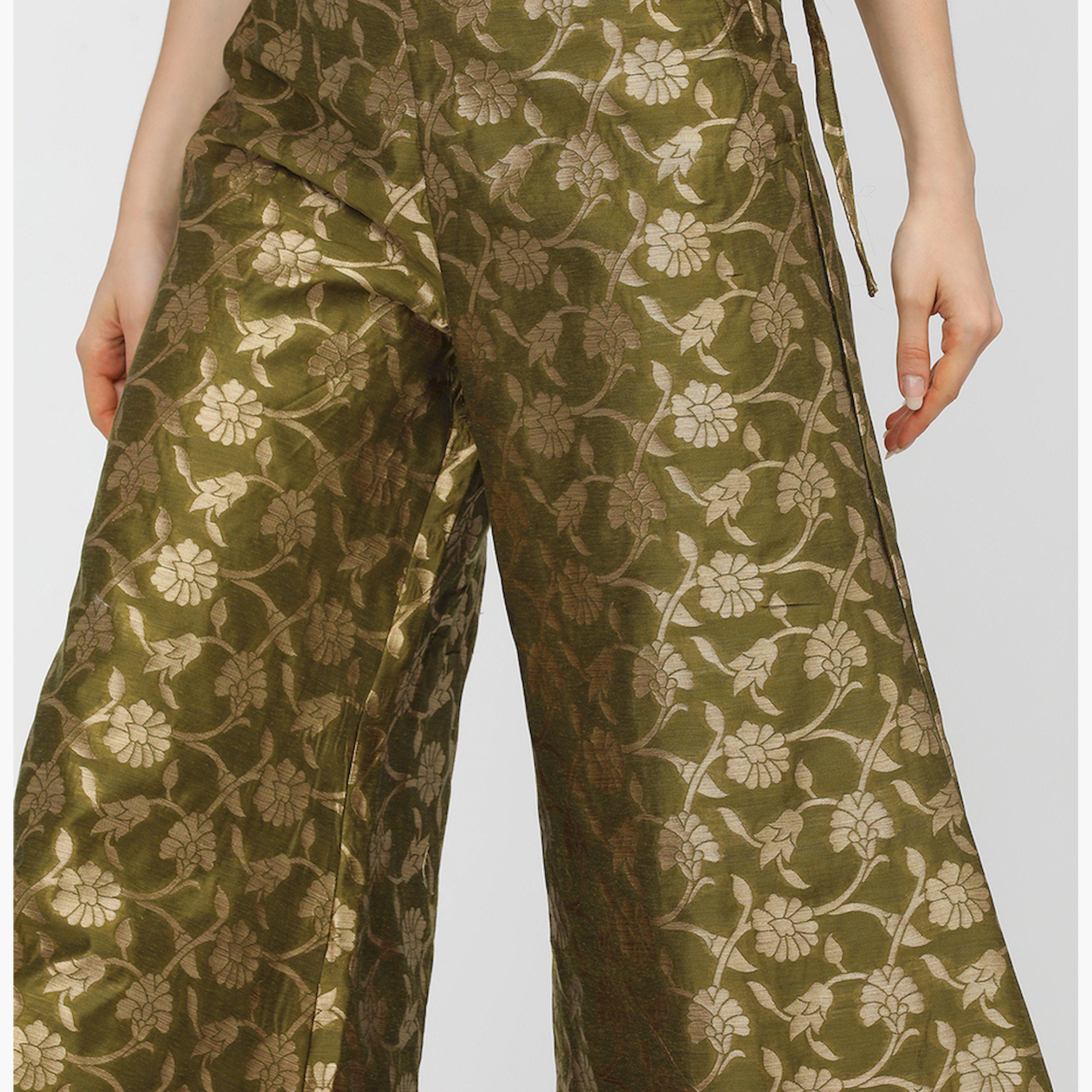 فيشود × ستايلي - بنطال بالازو نسائي منسوج باللونين الزيتي والذهبي-women-clothing-ethnicwear-kurtasets-image-4