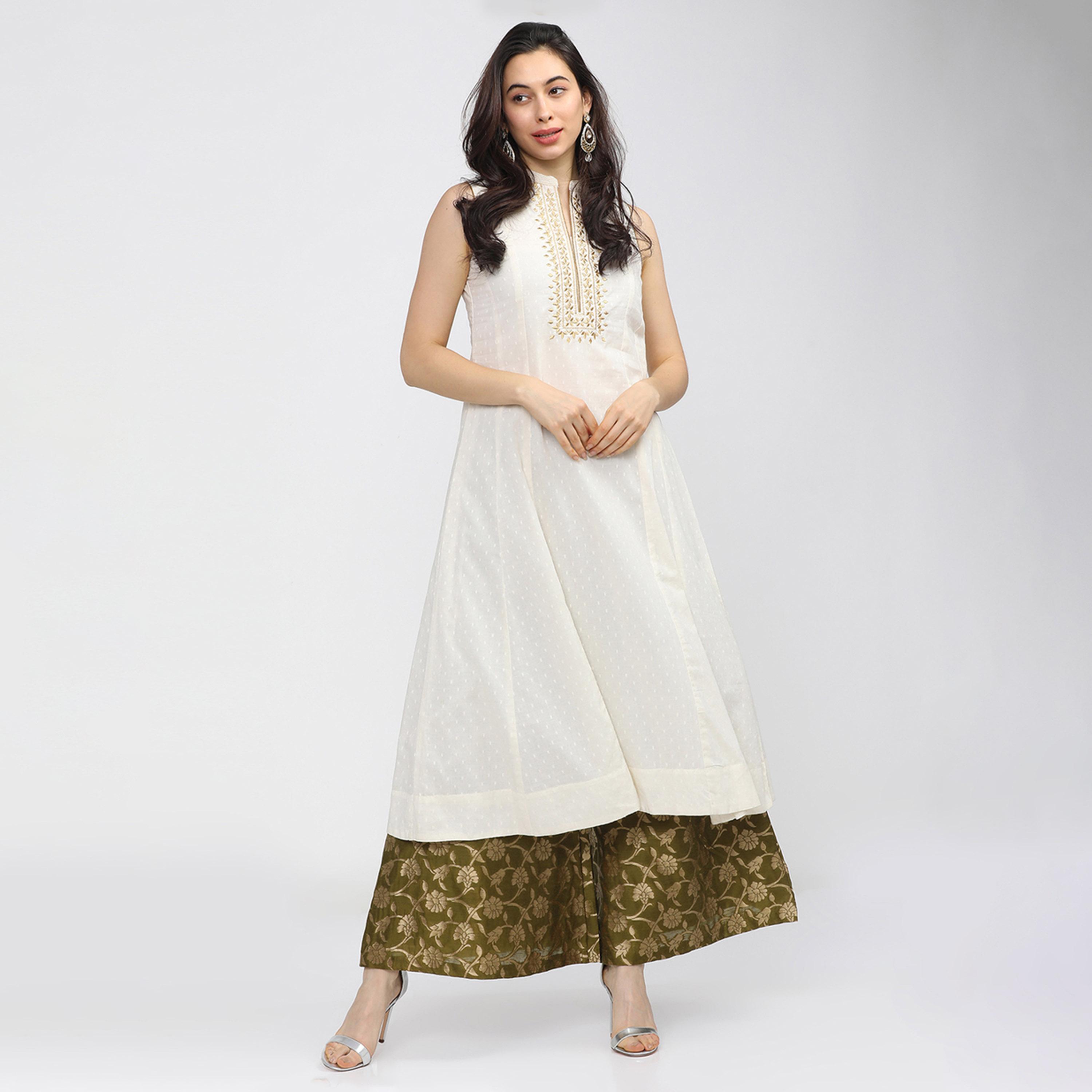 Vishudh X Styli Women Olive & Gold-Toned Floral Woven Designed Palazzo-women-clothing-ethnicwear-kurtasets-image-5