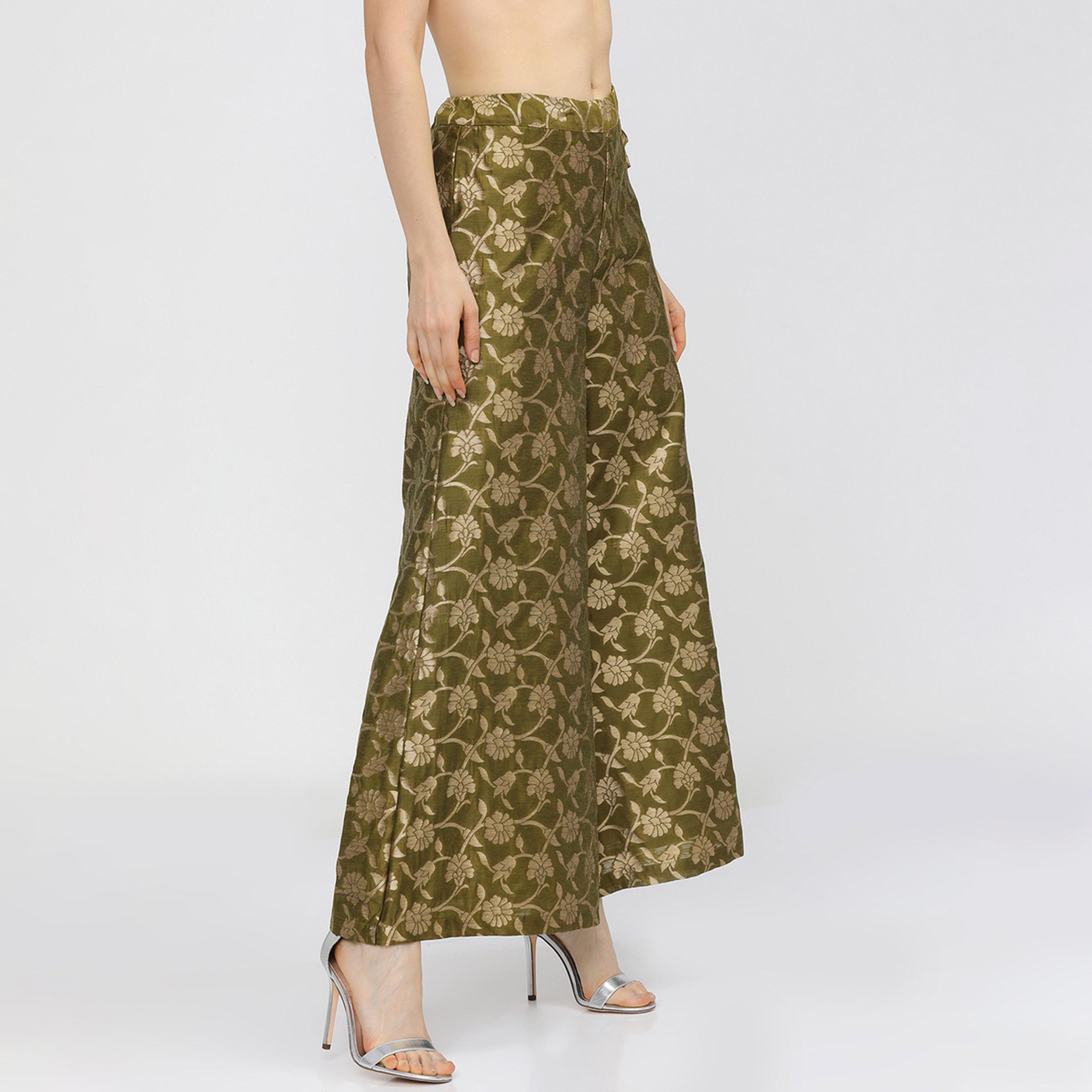 فيشود × ستايلي - بنطال بالازو نسائي منسوج باللونين الزيتي والذهبي-women-clothing-ethnicwear-kurtasets-image-6