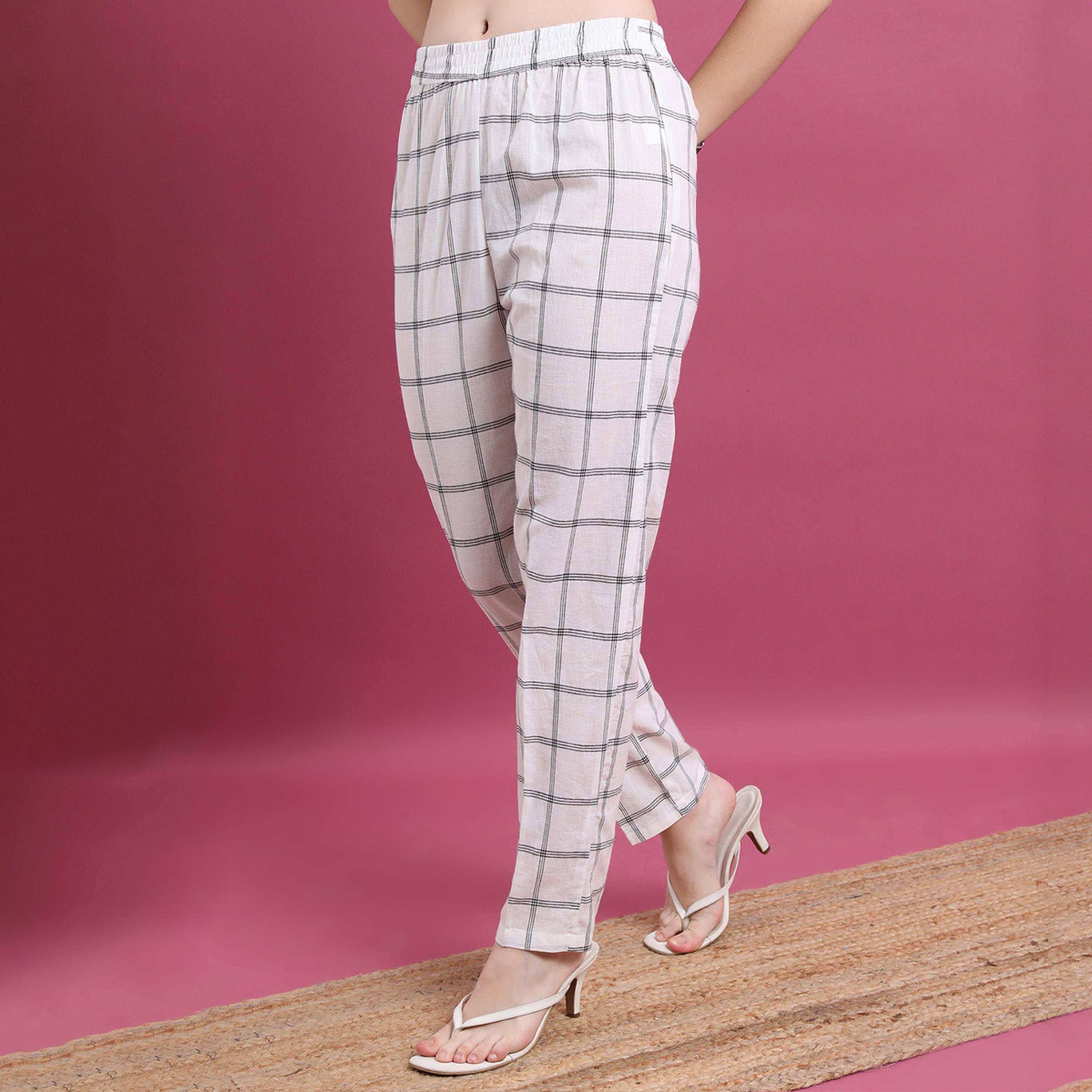 فيشود × ستايلي - بنطال نسائي مستقيم مربعات - أوف وايت-women-clothing-bottoms-trousers-image-1