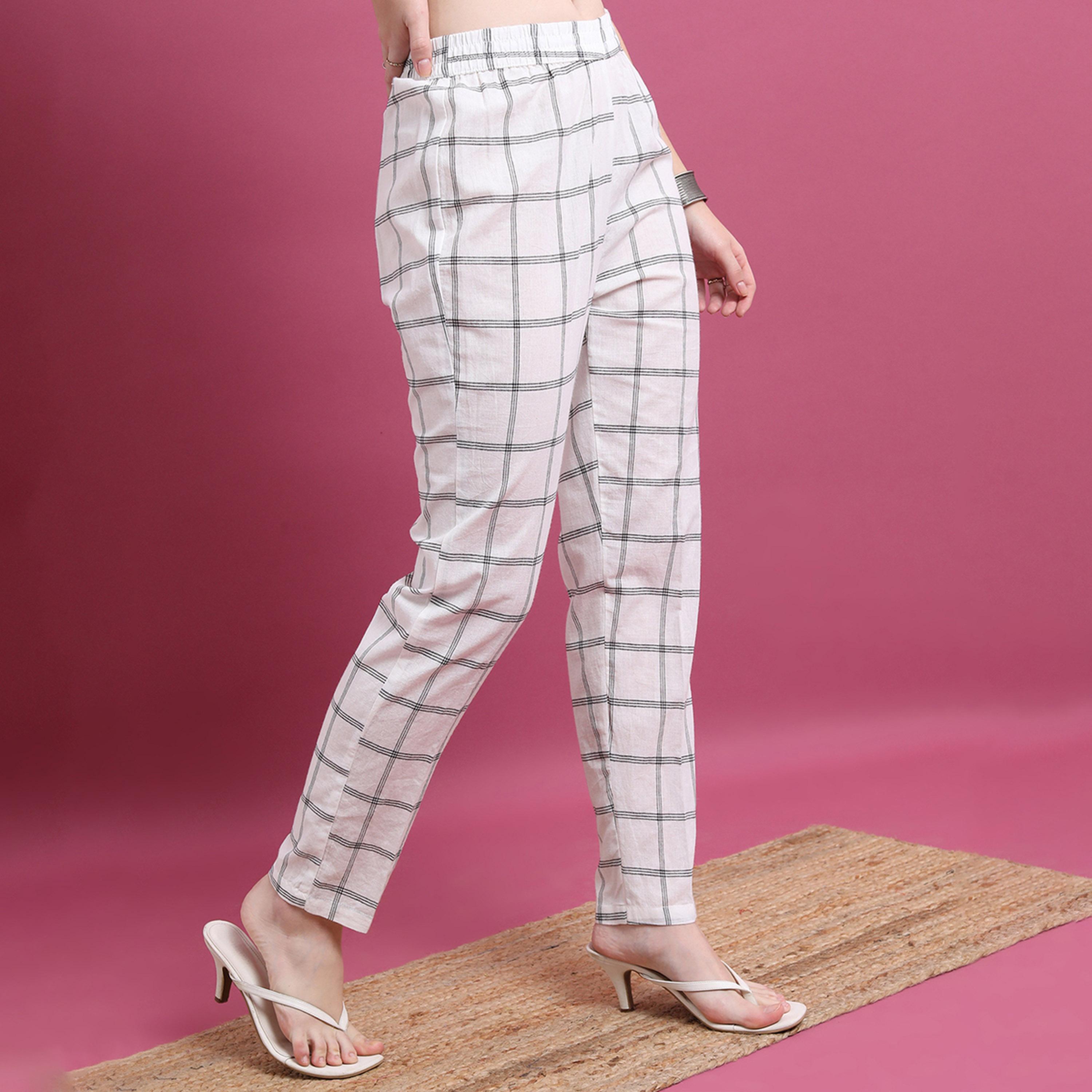 فيشود × ستايلي - بنطال نسائي مستقيم مربعات - أوف وايت-women-clothing-bottoms-trousers-image-4