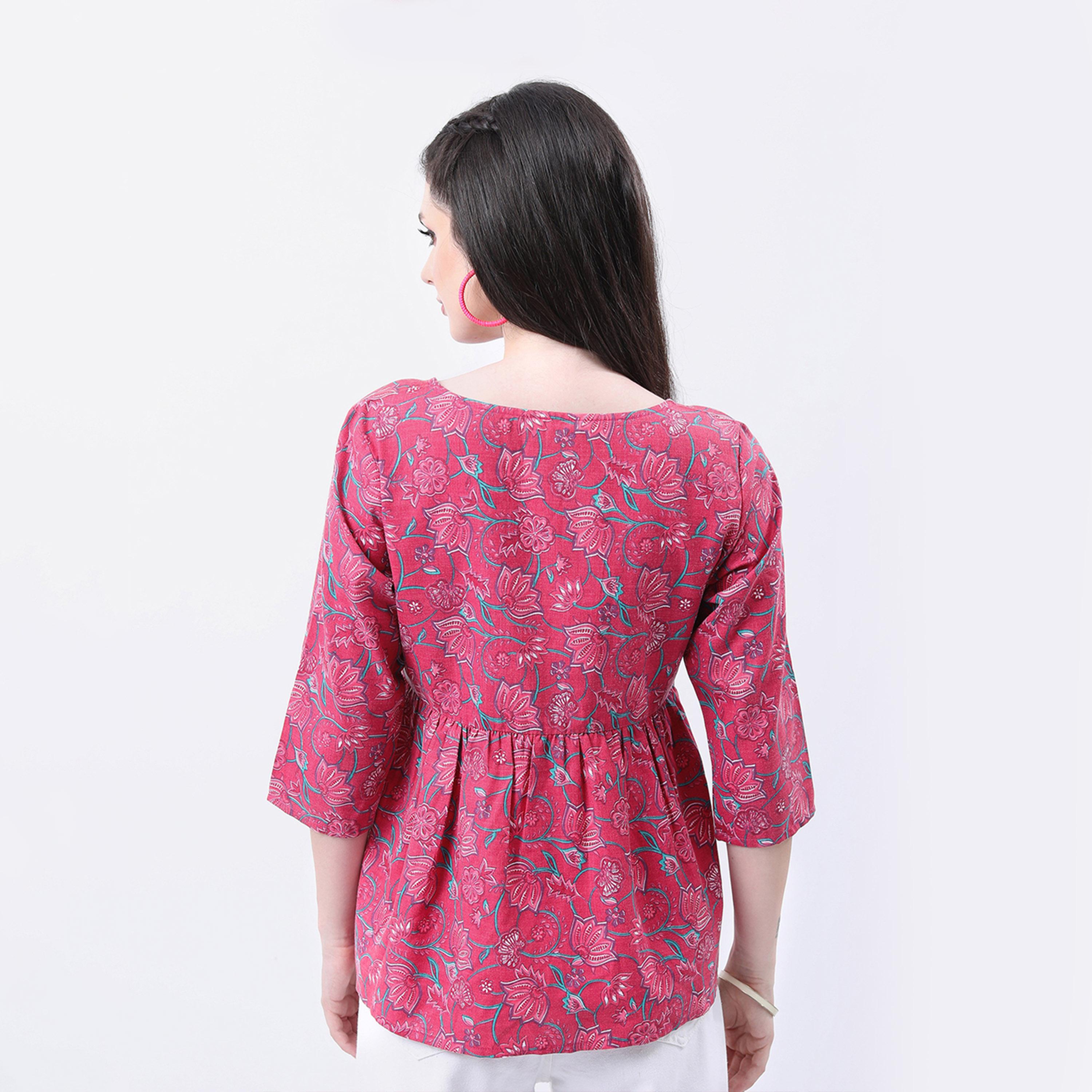 فيشود × ستايلي - بلوزة بطبعة زهور وقصة A - وردي وأخضر-women-clothing-shirtsandblouses-blouses-image-3