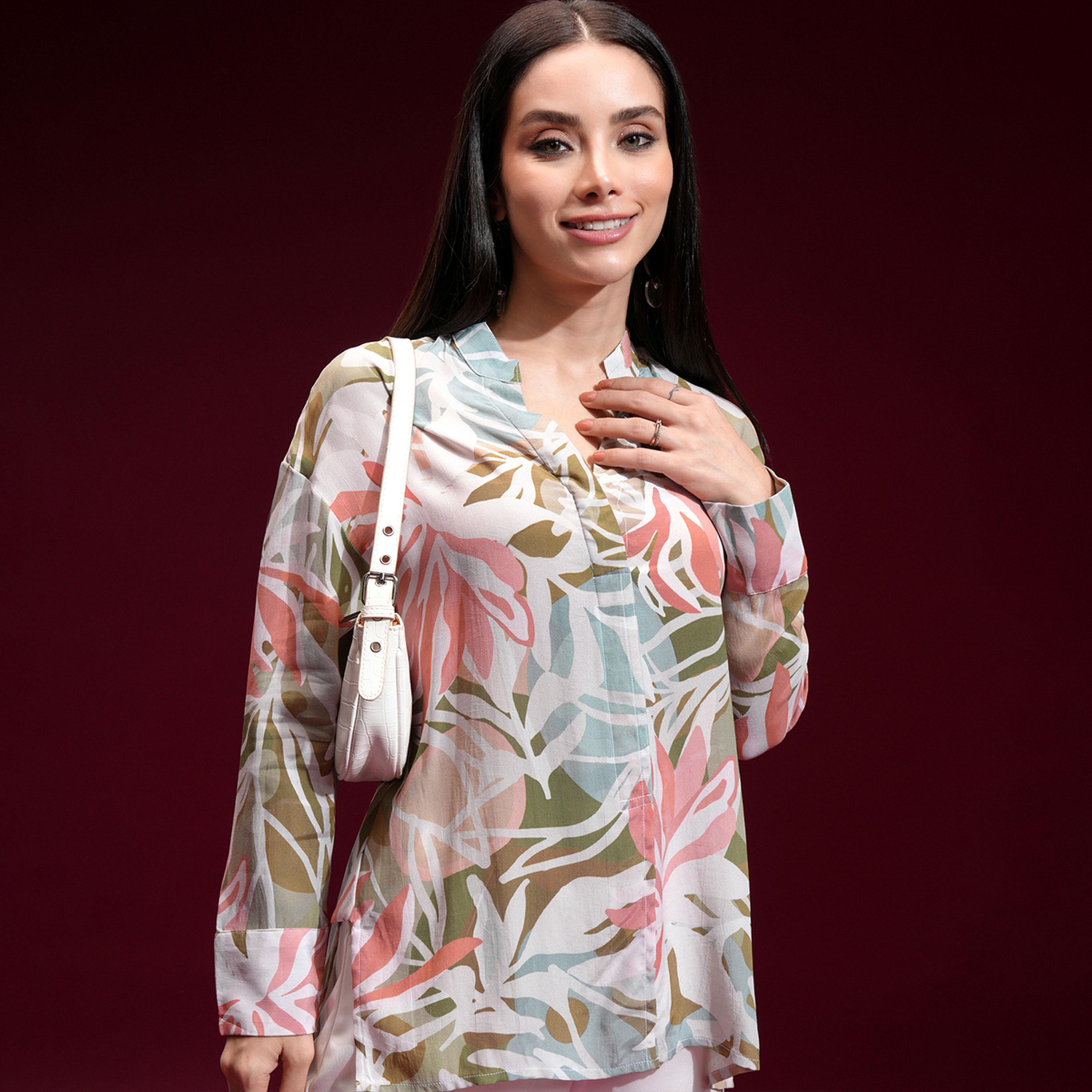 Vishudh X Styli Women Mandarin Collar Floral Printed Casual Shirt-women-clothing-shirtsandblouses-shirts-image-1
