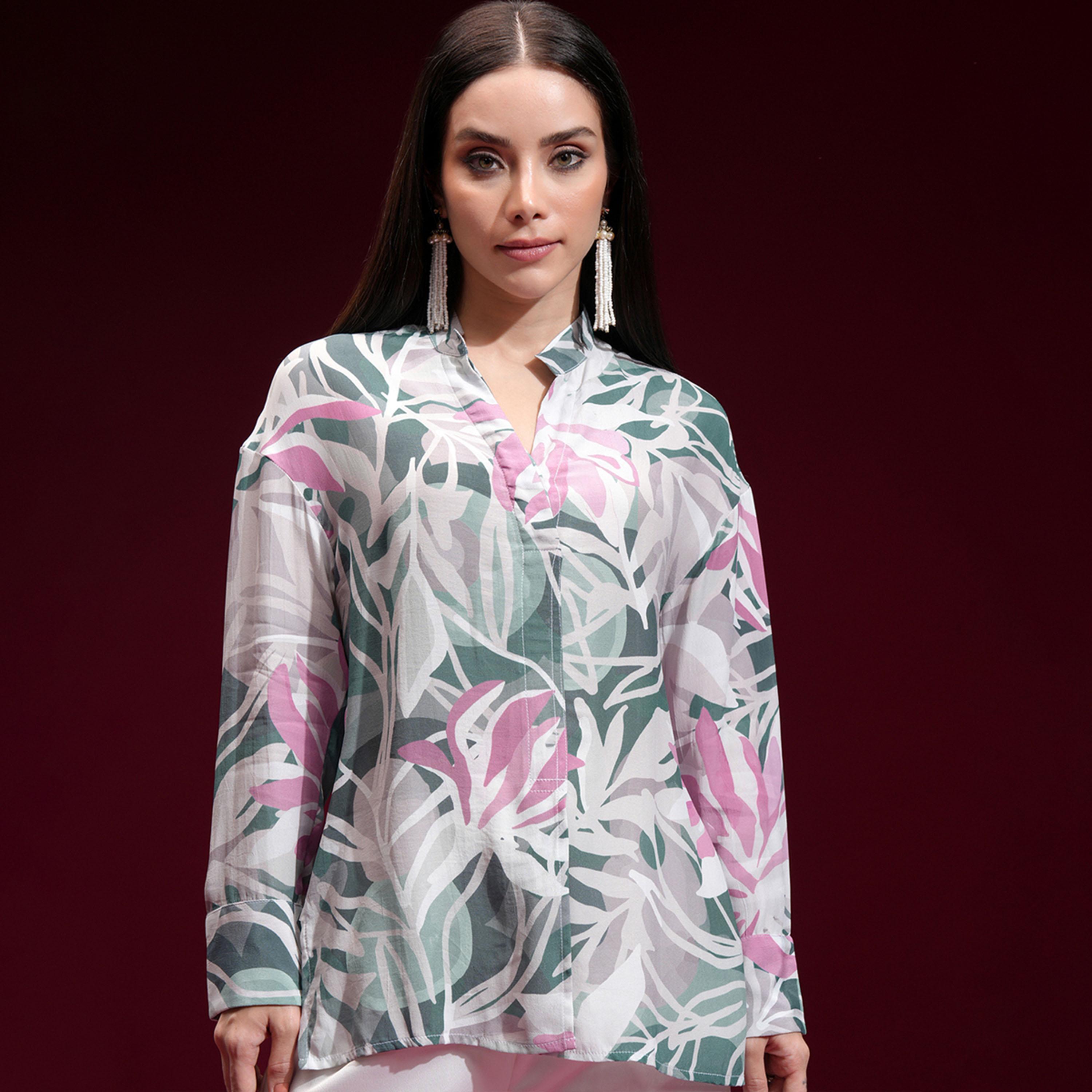 فيشود × ستايلي - قميص نسائي كاجوال بياقة ماندرين وطبعة زهور-women-clothing-shirtsandblouses-shirts-image-1
