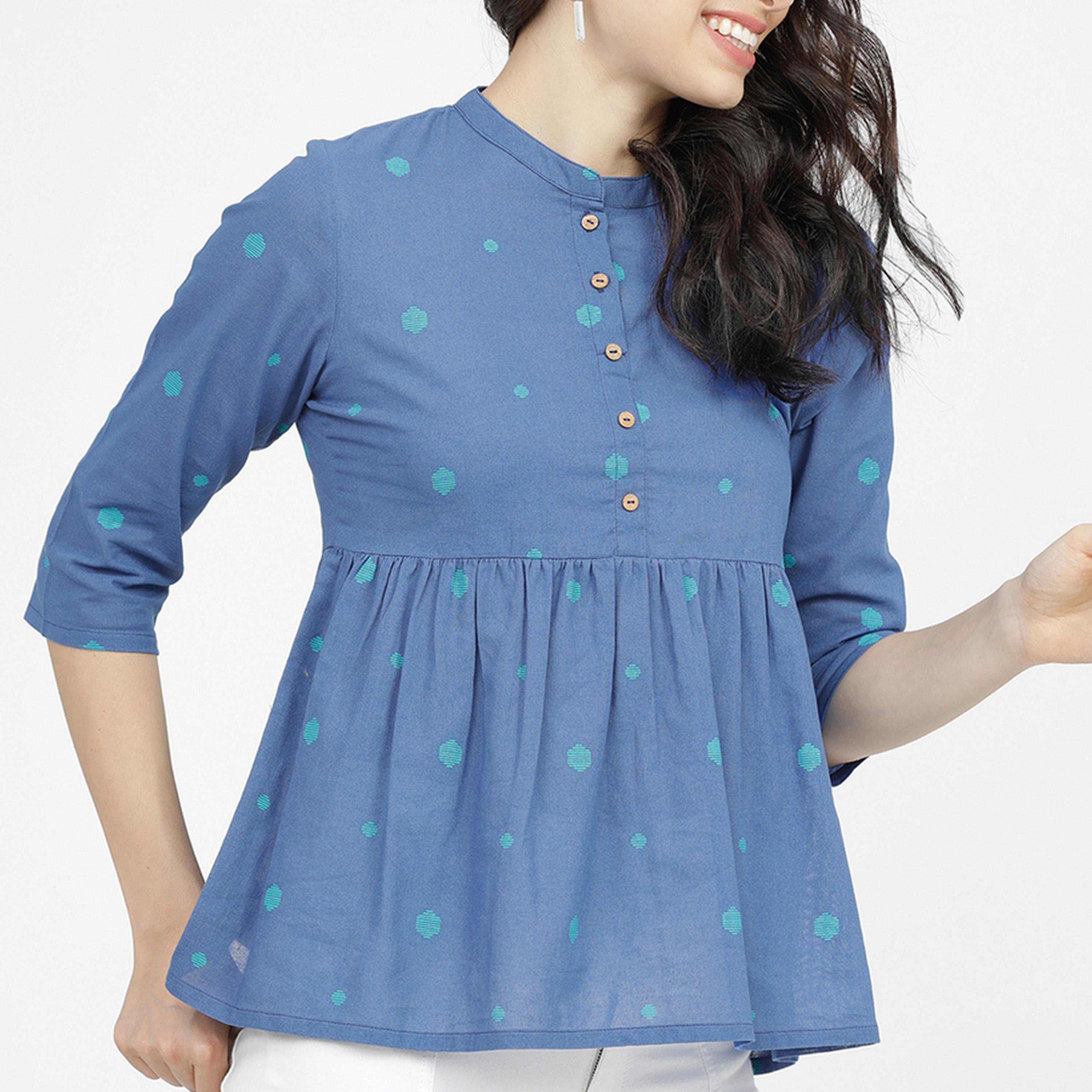 Vishudh X Styli Blue & Green Geometric Printed Mandarin Collar Pure Cotton Empire Top-women-clothing-shirtsandblouses-blouses-image-1