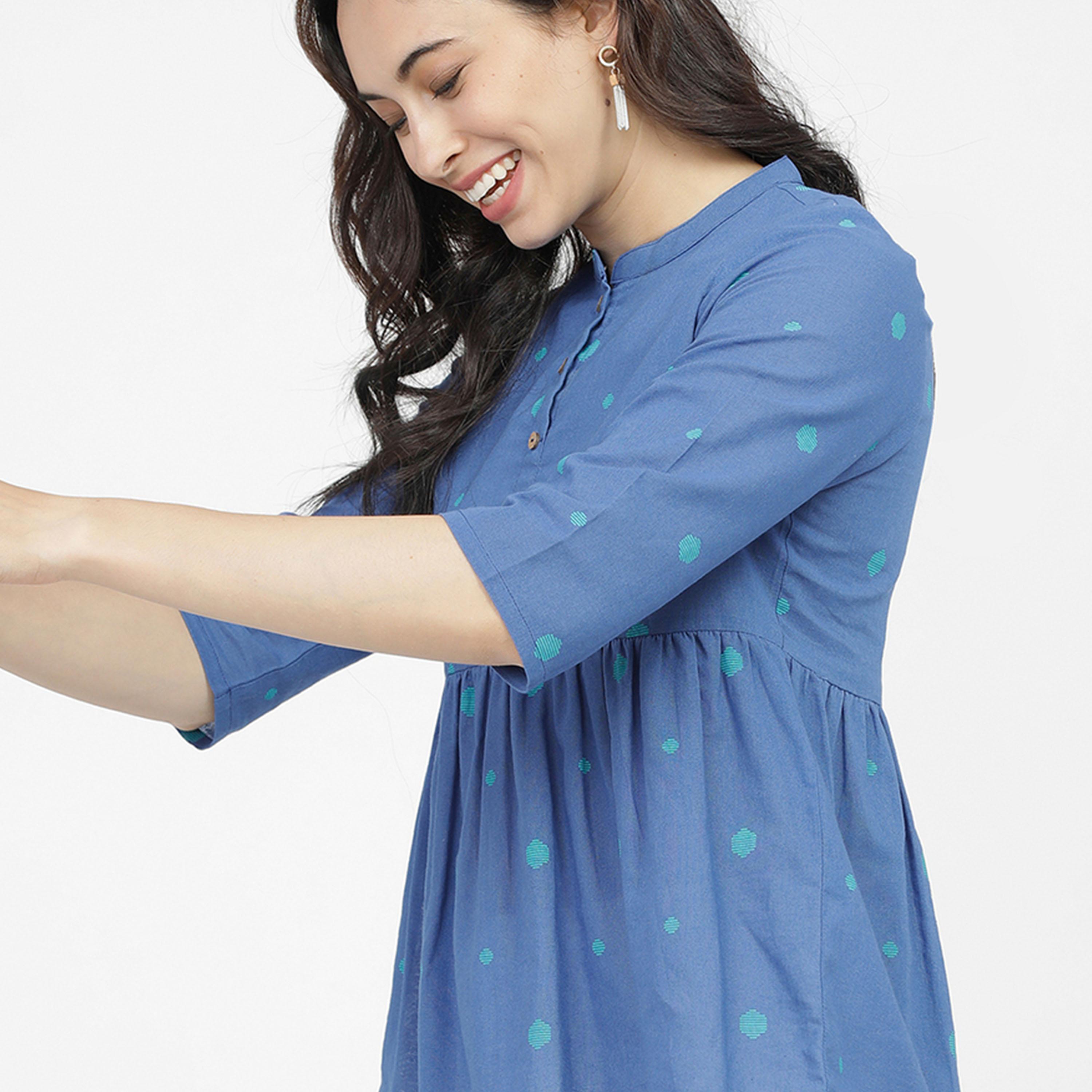 فيشود × ستايلي - بلوزة بطبقة هندسية بياقة ماندرين من القطن الخالص - أزرق وأخضر-women-clothing-shirtsandblouses-blouses-image-2