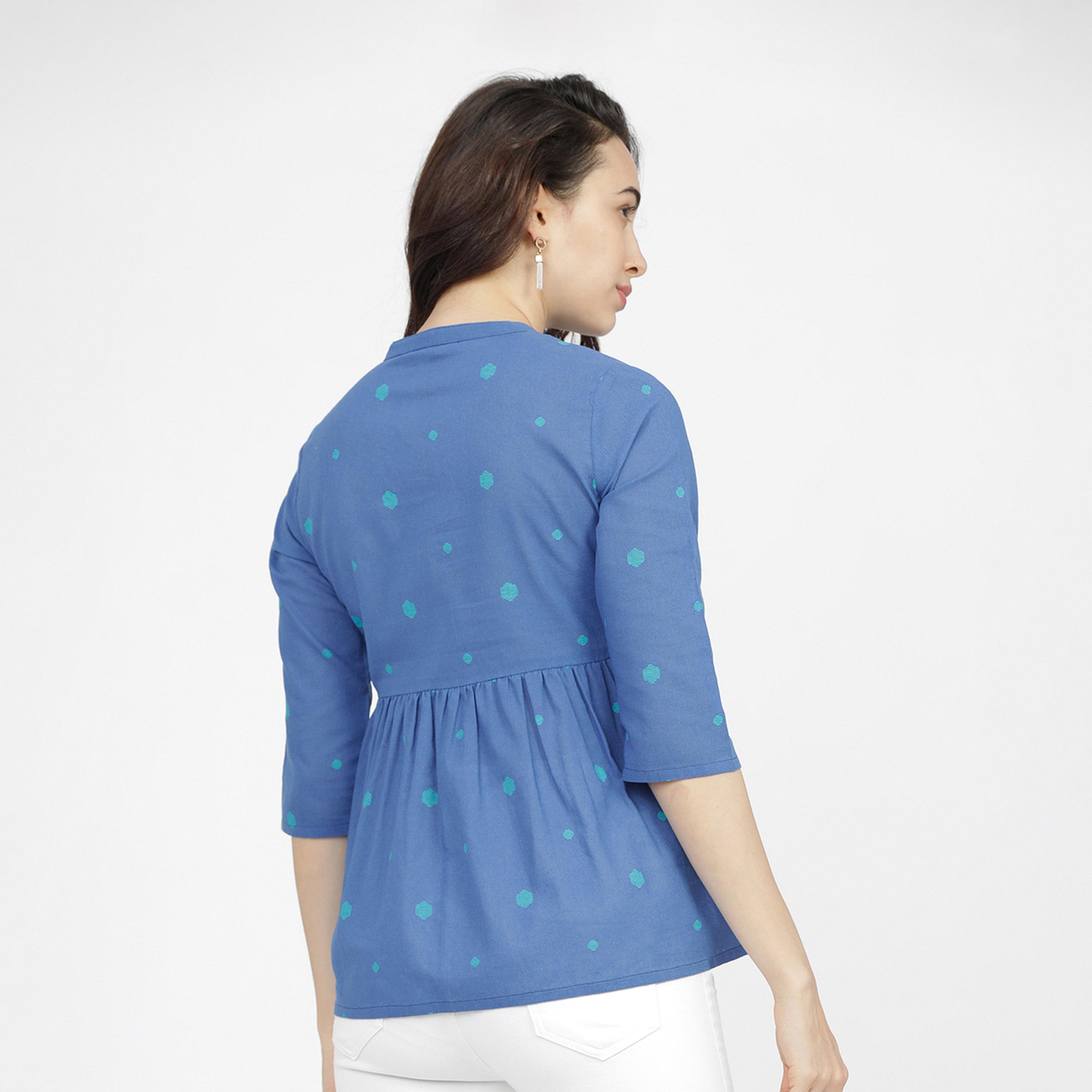 فيشود × ستايلي - بلوزة بطبقة هندسية بياقة ماندرين من القطن الخالص - أزرق وأخضر-women-clothing-shirtsandblouses-blouses-image-3
