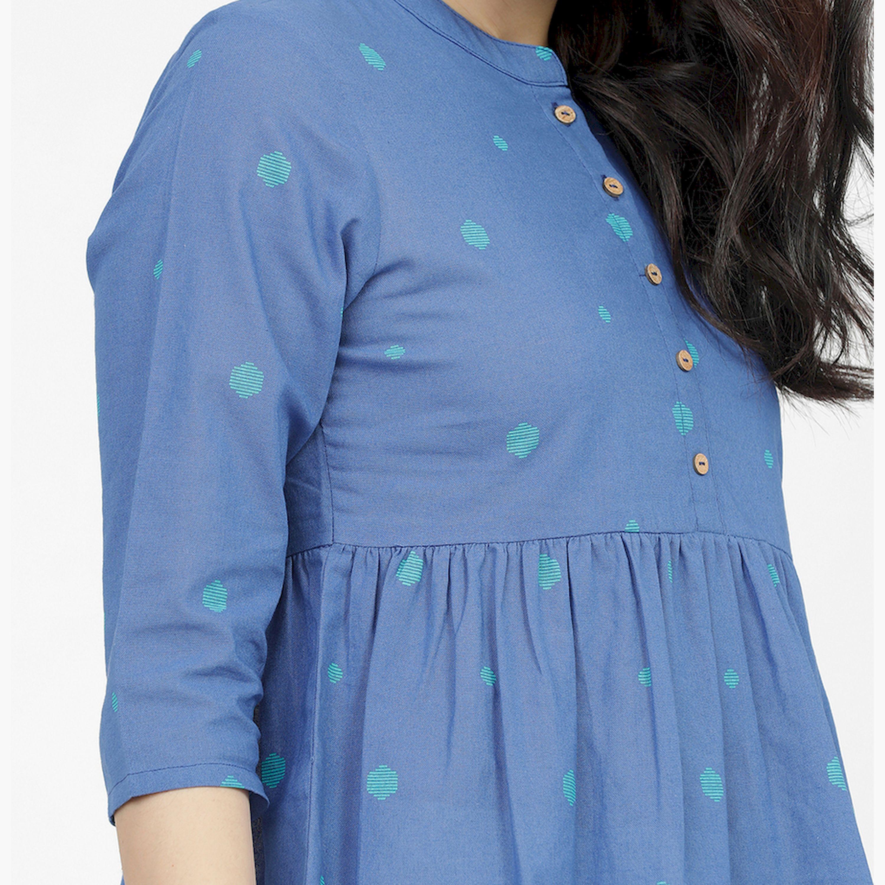 فيشود × ستايلي - بلوزة بطبقة هندسية بياقة ماندرين من القطن الخالص - أزرق وأخضر-women-clothing-shirtsandblouses-blouses-image-4