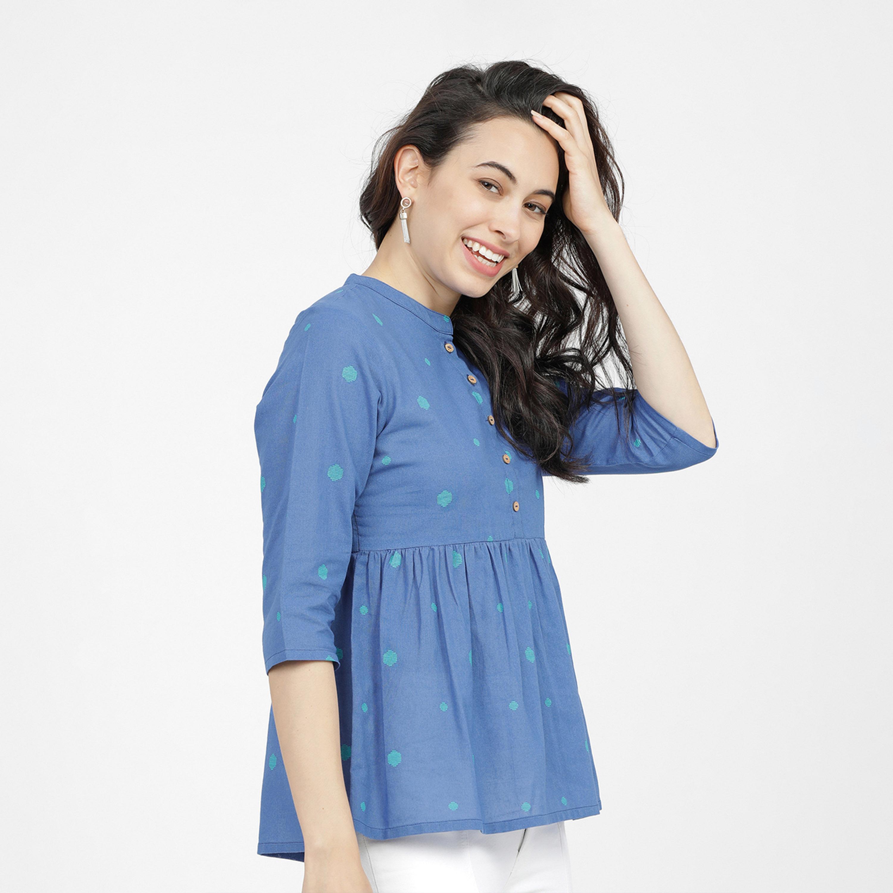 Vishudh X Styli Blue & Green Geometric Printed Mandarin Collar Pure Cotton Empire Top-women-clothing-shirtsandblouses-blouses-image-6