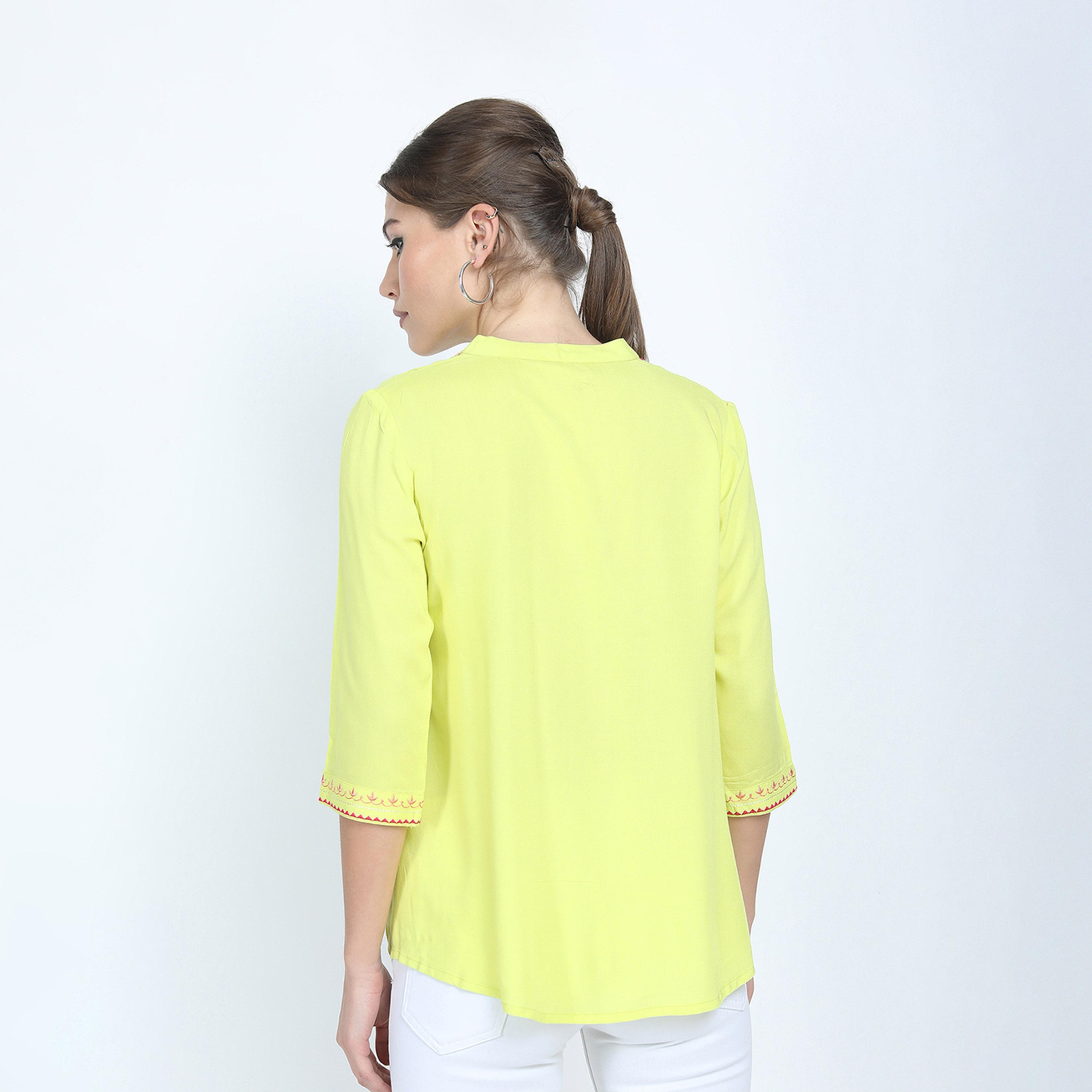 Vishudh X Styli Yellow Floral Embroidered Mandarin Collar Top-women-clothing-shirtsandblouses-blouses-image-3