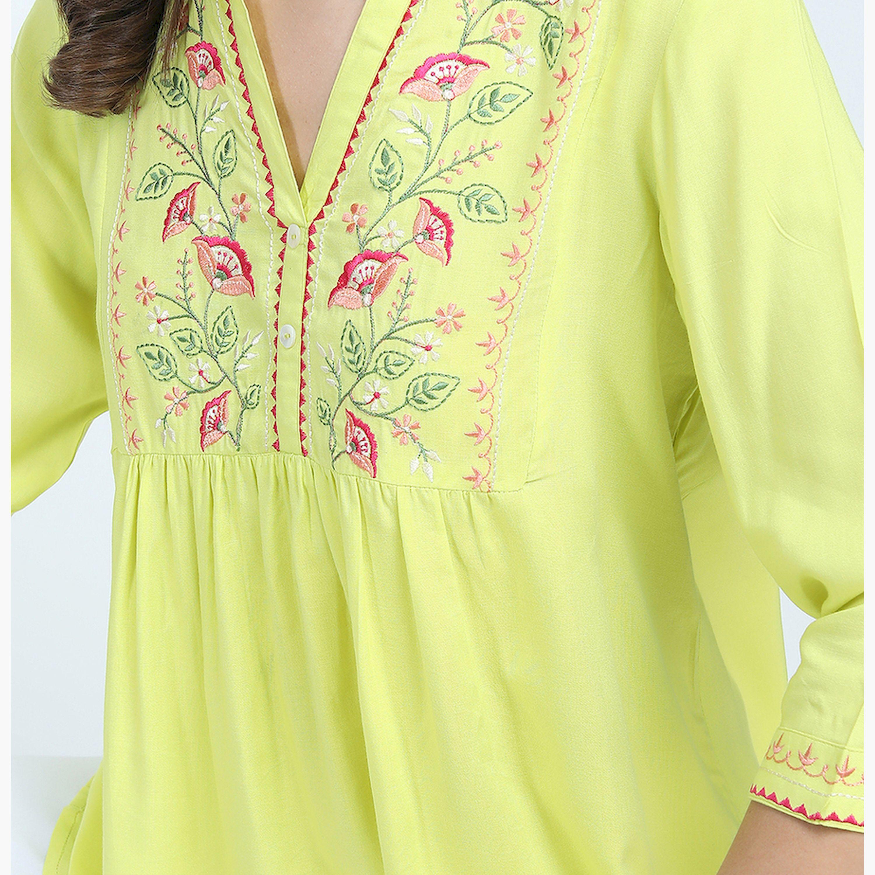 Vishudh X Styli Yellow Floral Embroidered Mandarin Collar Top-women-clothing-shirtsandblouses-blouses-image-4