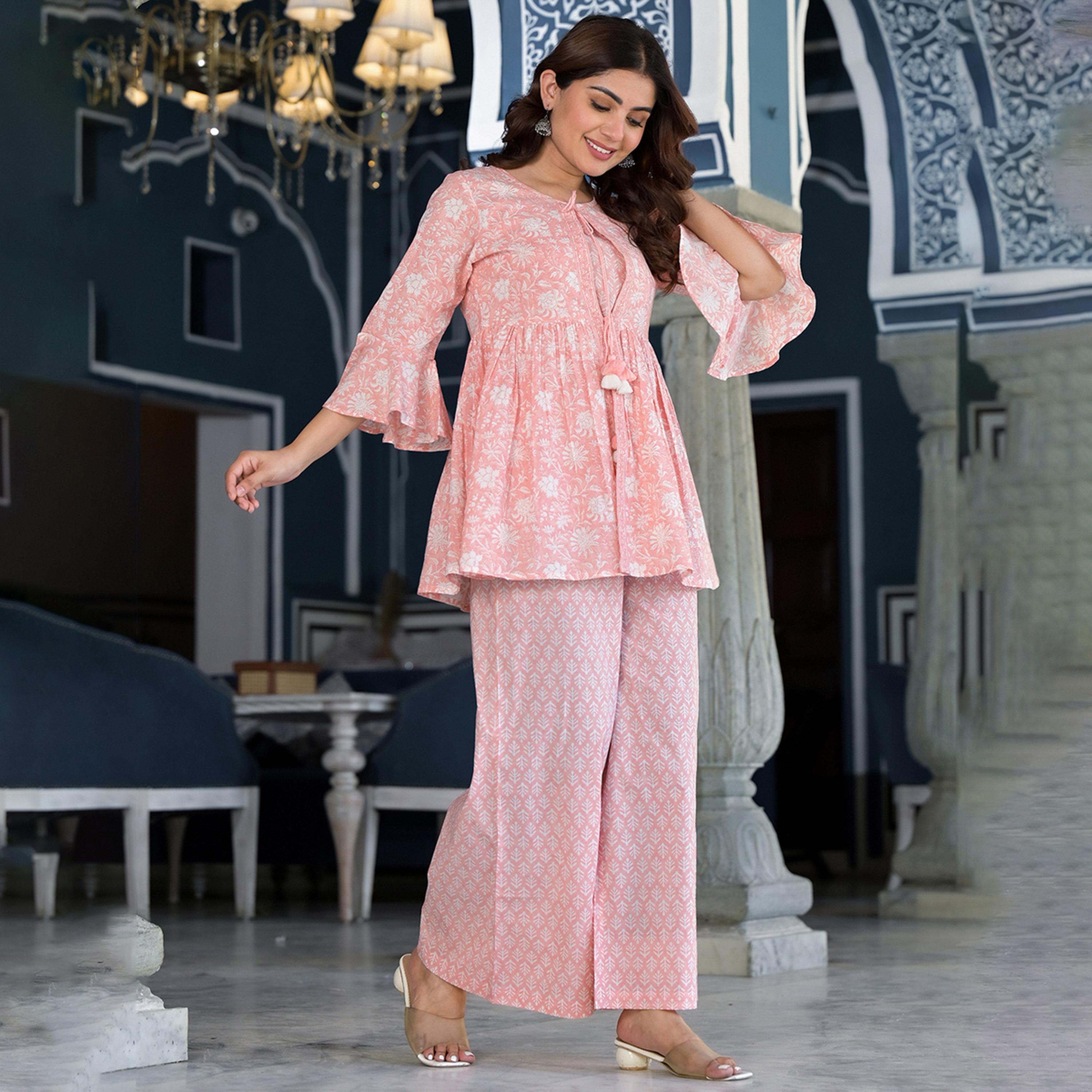 Vishudh X Styli Floral Printed Pure Cotton Ethnic Jacket With Trousers And Inner-women-clothing-coordsets-image-4
