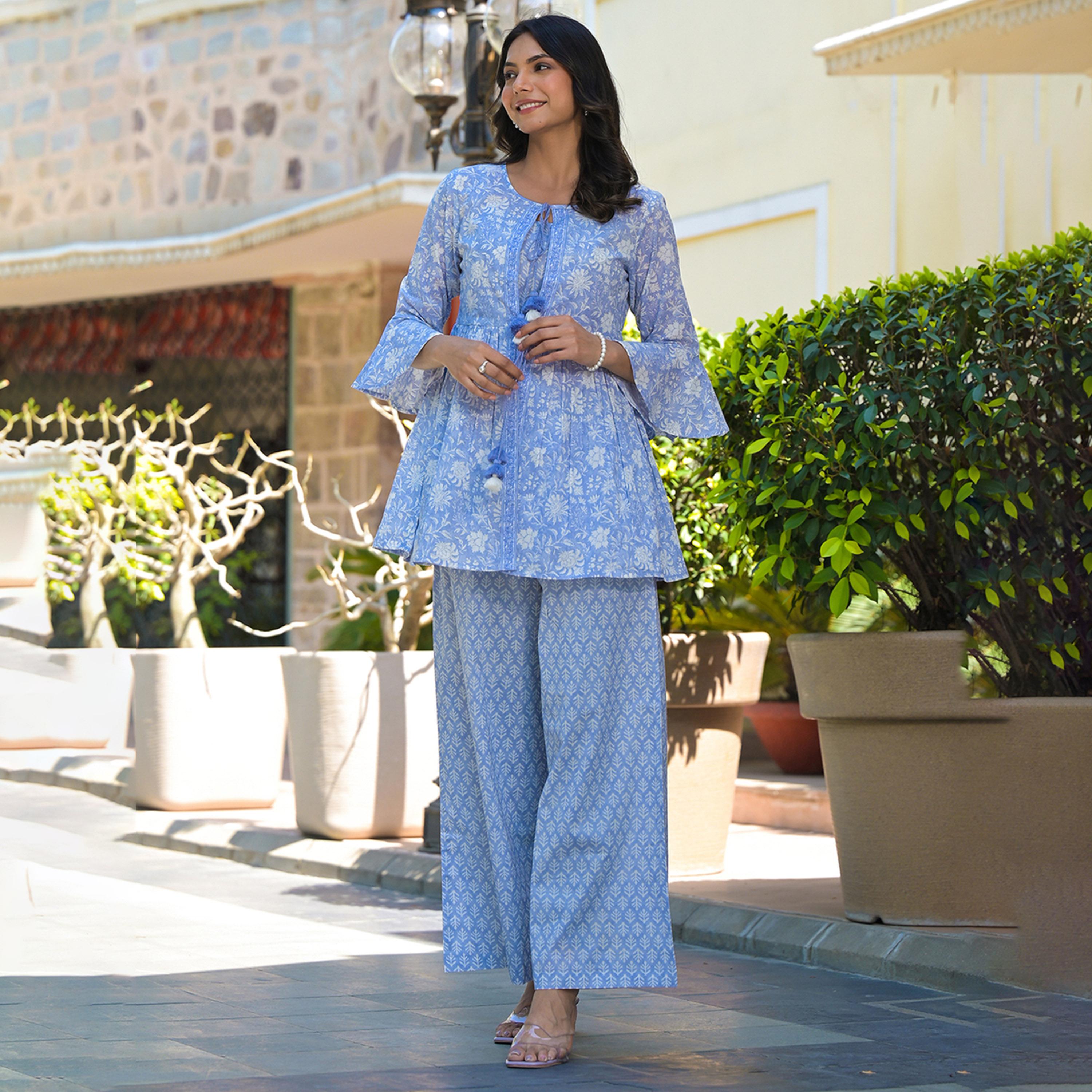 فيشود × ستايلي - جاكيت من القطن الخالص بطبعة أزهار مع بنطال وقطعة داخلية-women-clothing-coordsets-image-1