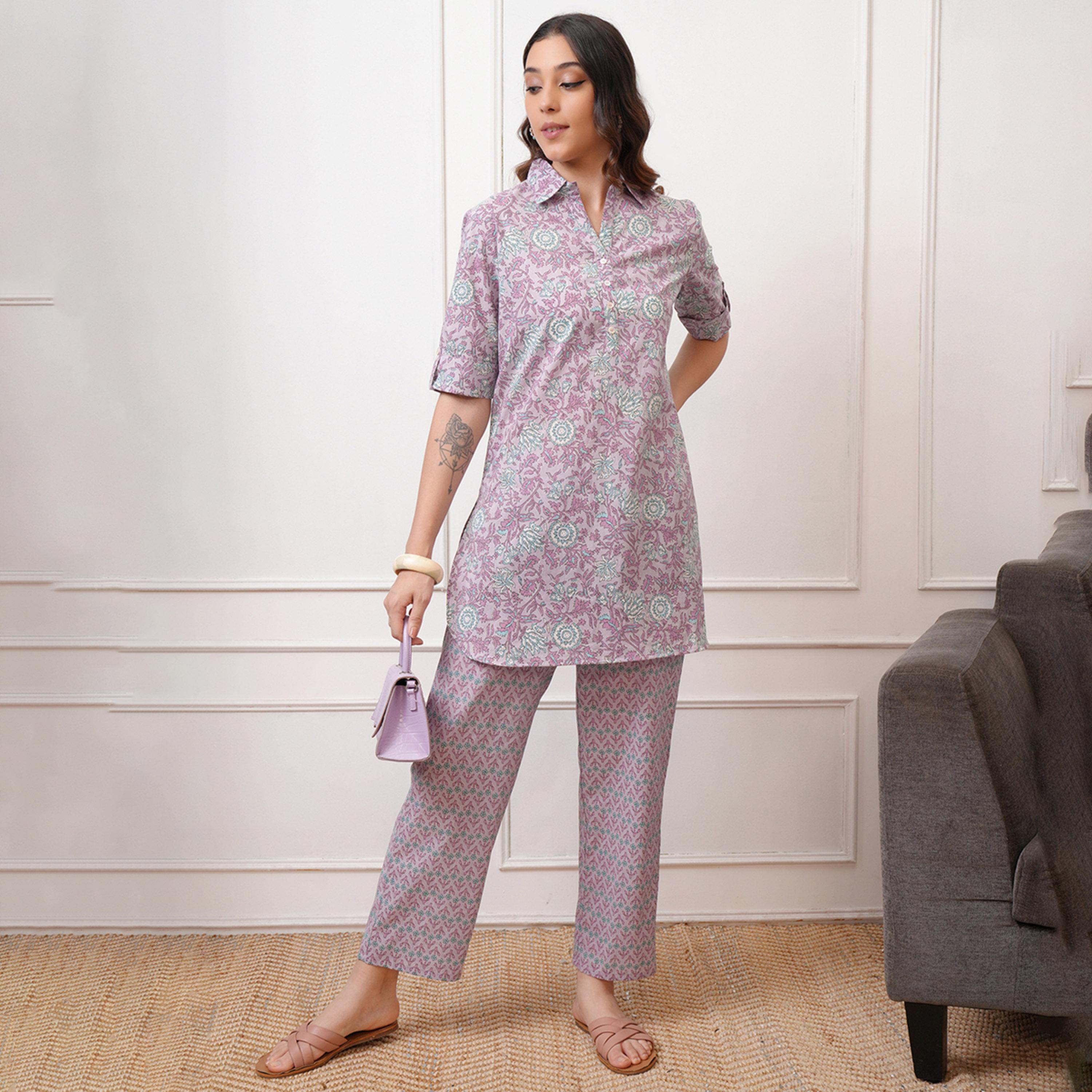 فيشود × ستايلي - تونيك قطني بطبعة زهور مع بنطال-women-clothing-coordsets-image-1