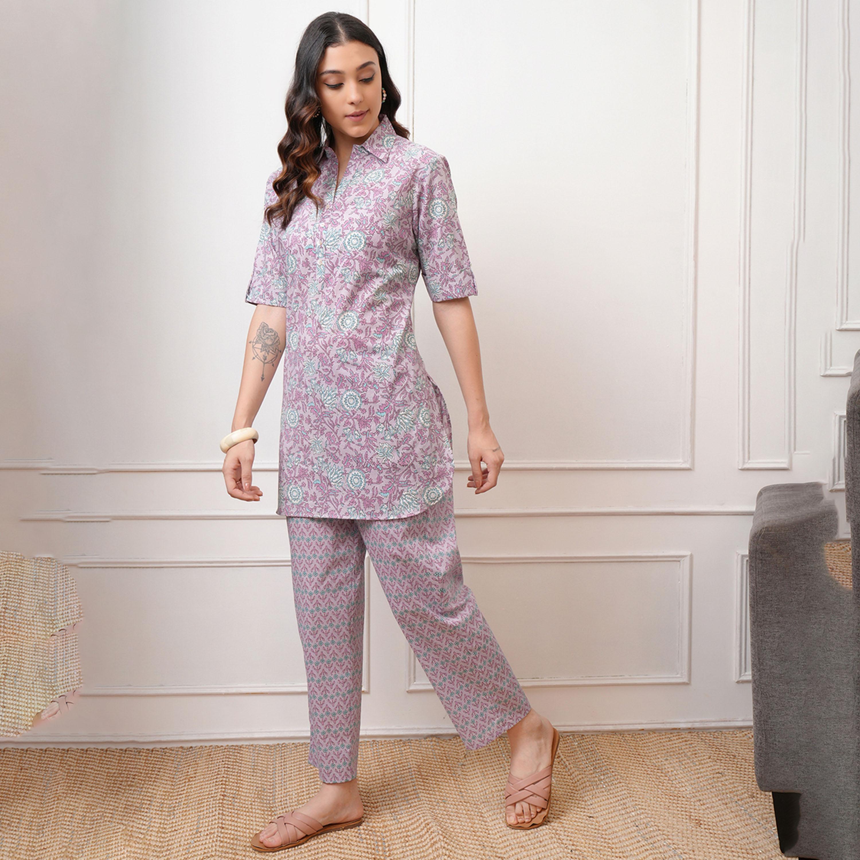 فيشود × ستايلي - تونيك قطني بطبعة زهور مع بنطال-women-clothing-coordsets-image-2