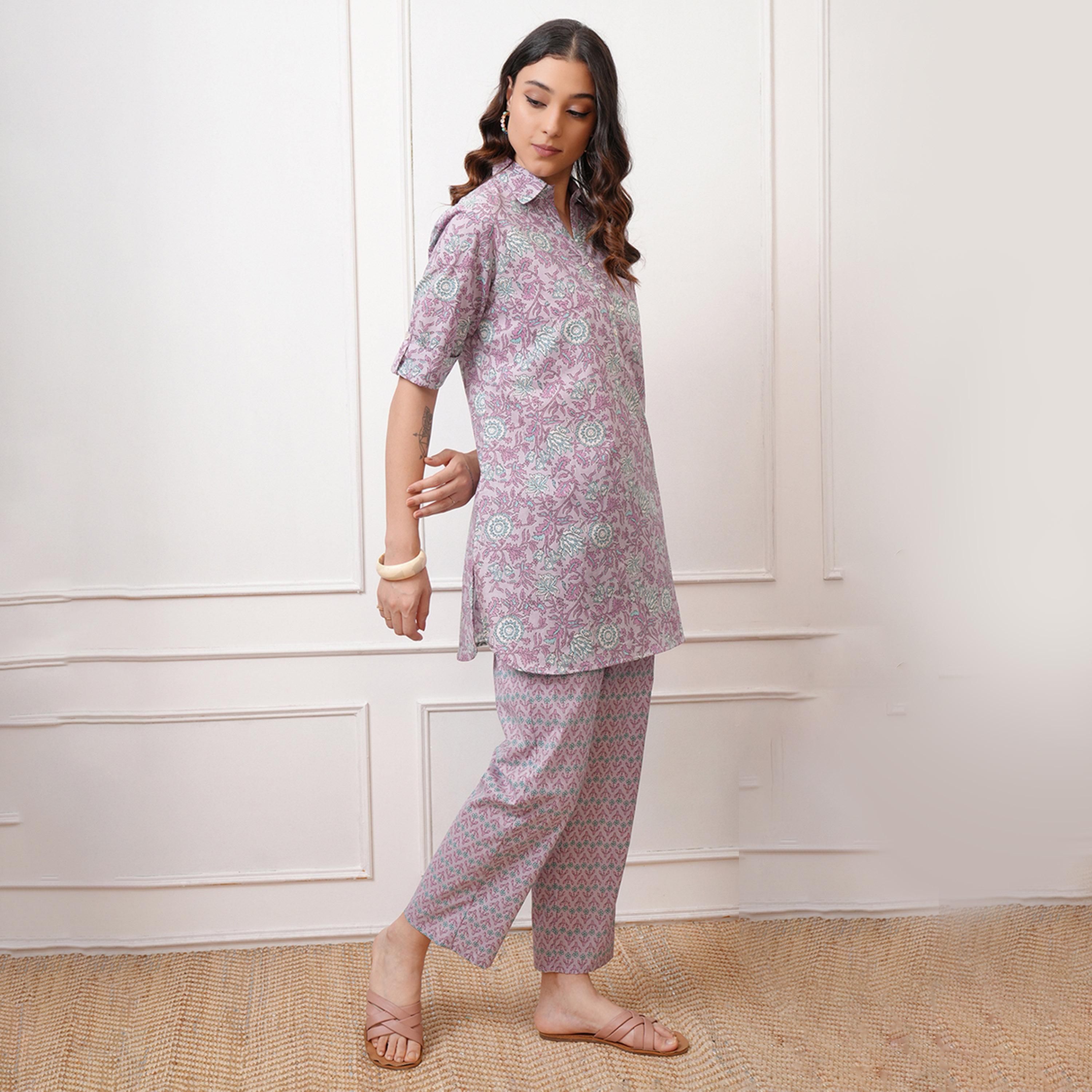 فيشود × ستايلي - تونيك قطني بطبعة زهور مع بنطال-women-clothing-coordsets-image-4