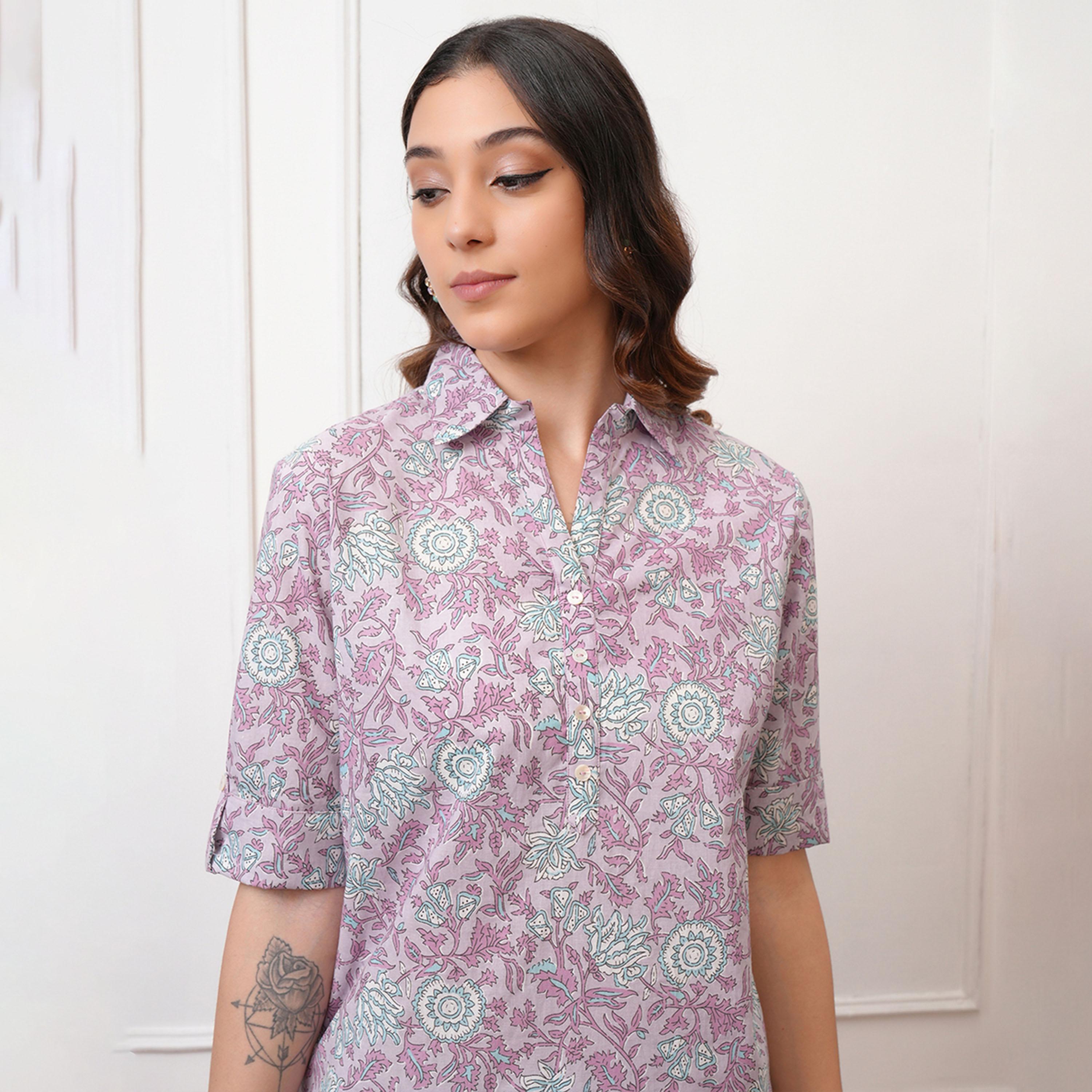 فيشود × ستايلي - تونيك قطني بطبعة زهور مع بنطال-women-clothing-coordsets-image-8