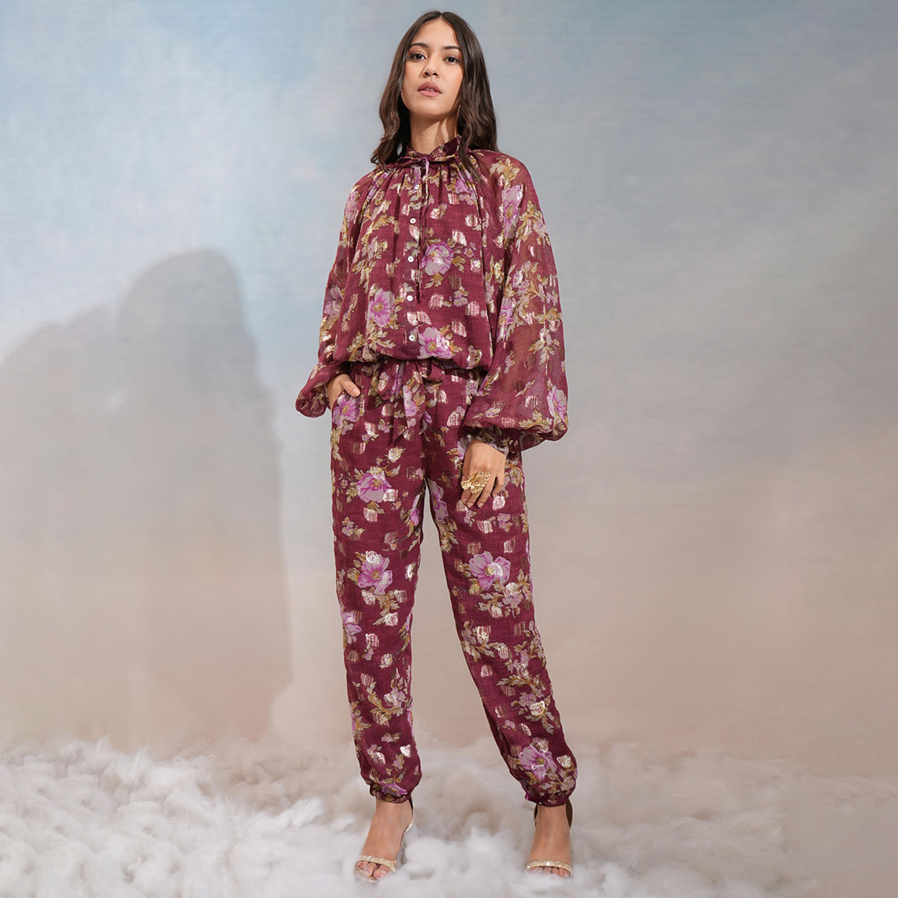 Vishudh X Styli Floral Printed Tie-Up Neck Top With Joggers-women-clothing-coordsets-image-1
