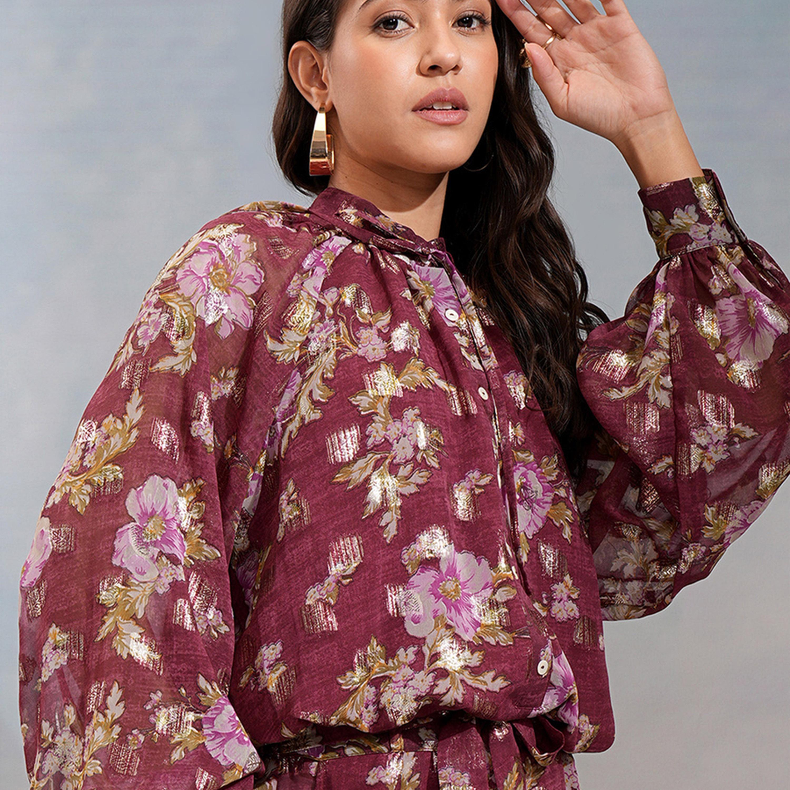 Vishudh X Styli Floral Printed Tie-Up Neck Top With Joggers-women-clothing-coordsets-image-2