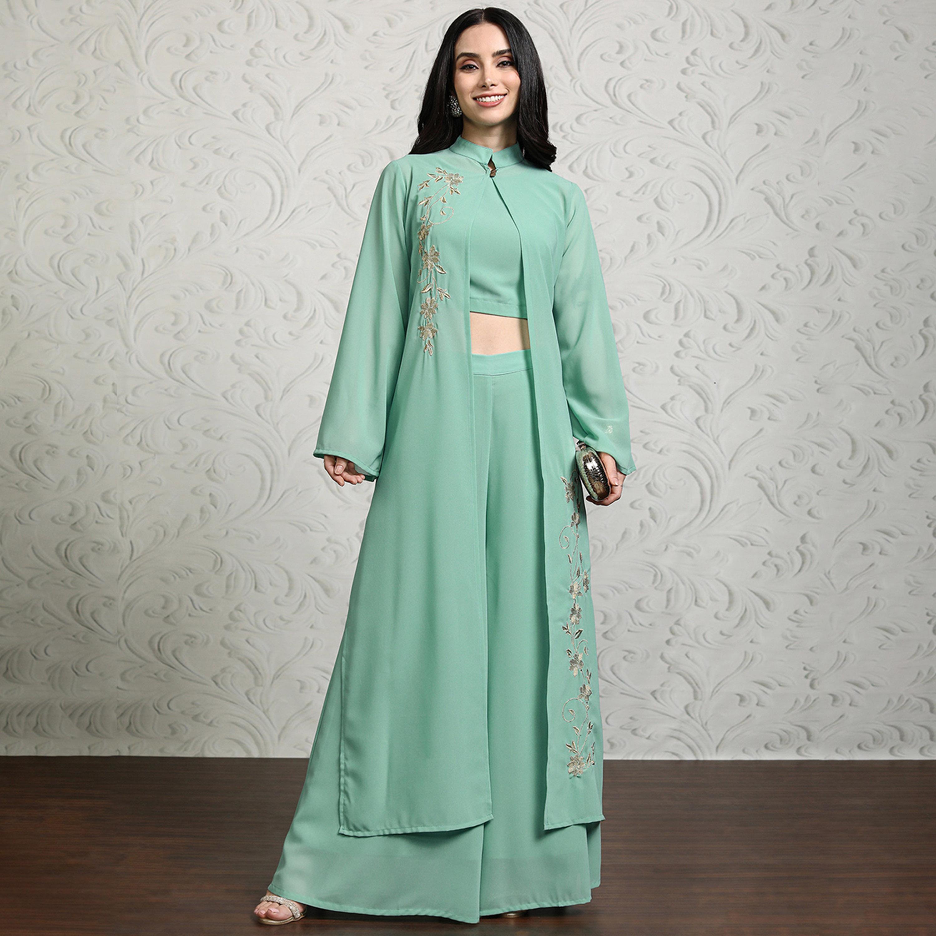 Vishudh X Styli Women Crop Top & Palazzo With Embroidered Mandarin Collar Shrug-women-clothing-coordsets-image-1