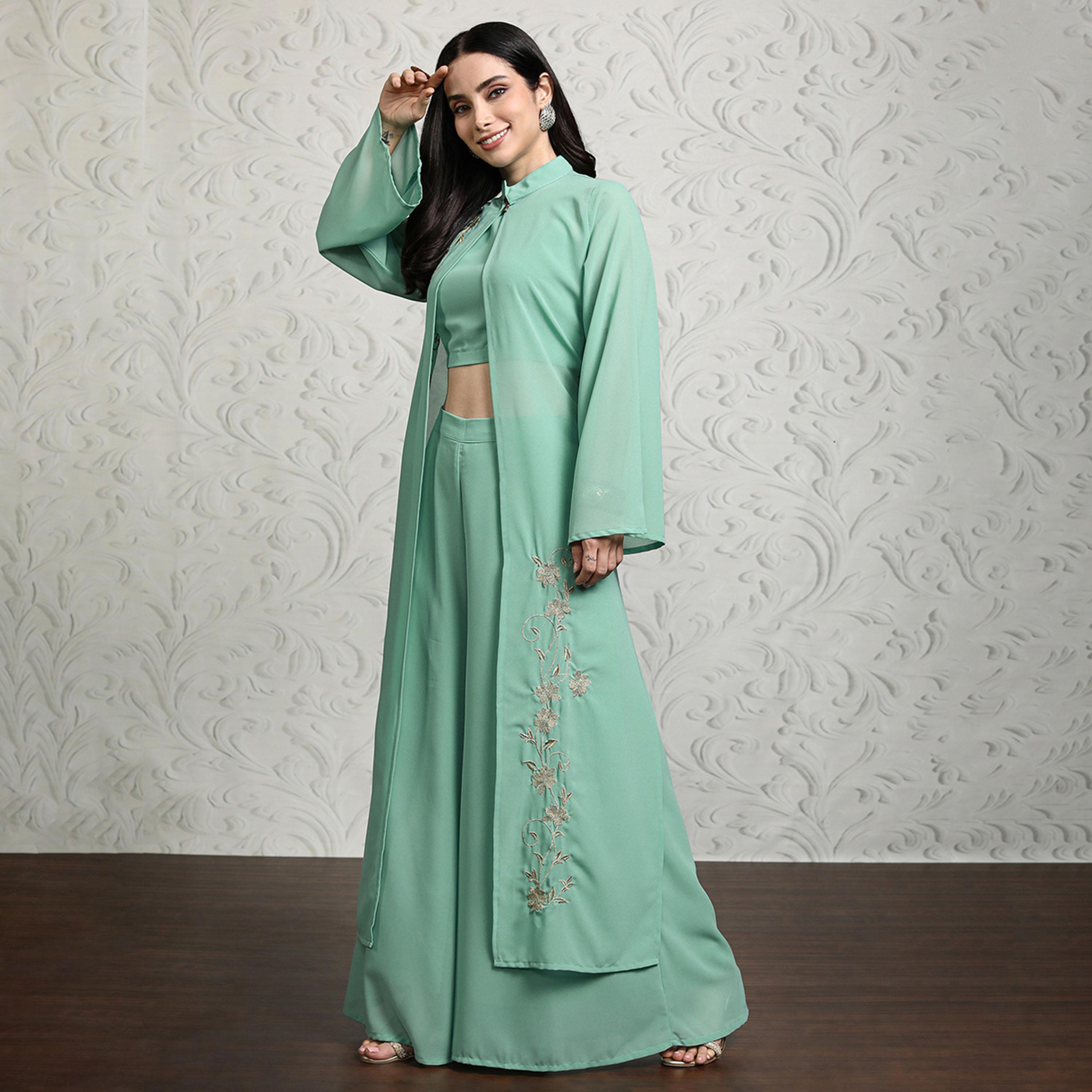 Vishudh X Styli Women Crop Top & Palazzo With Embroidered Mandarin Collar Shrug-women-clothing-coordsets-image-2