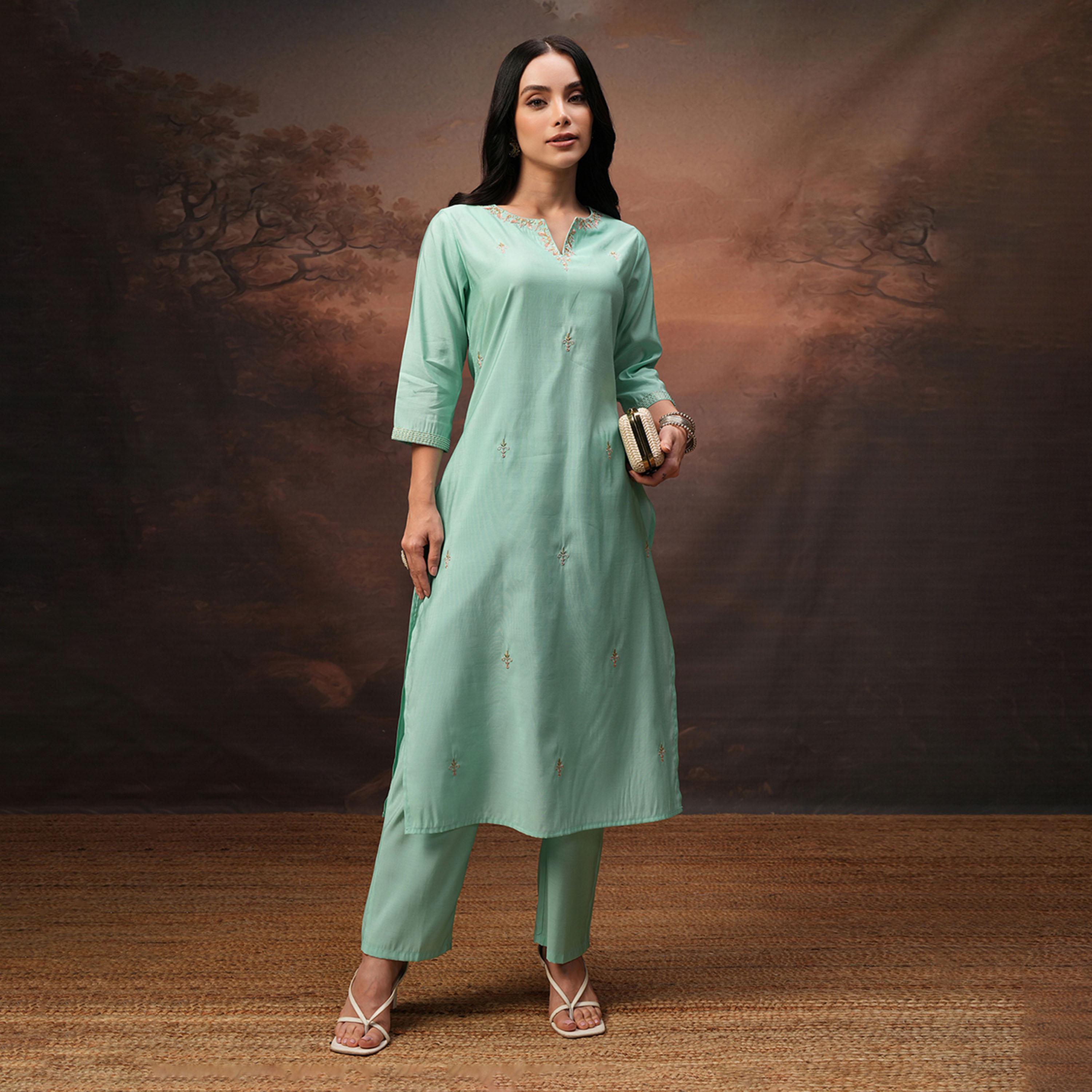 فيشود × ستايلي - تونيك مطرز برقبة دائرية وأكمام ثلاثة أرباع مع بنطال - فيروزي-women-clothing-coordsets-image-1
