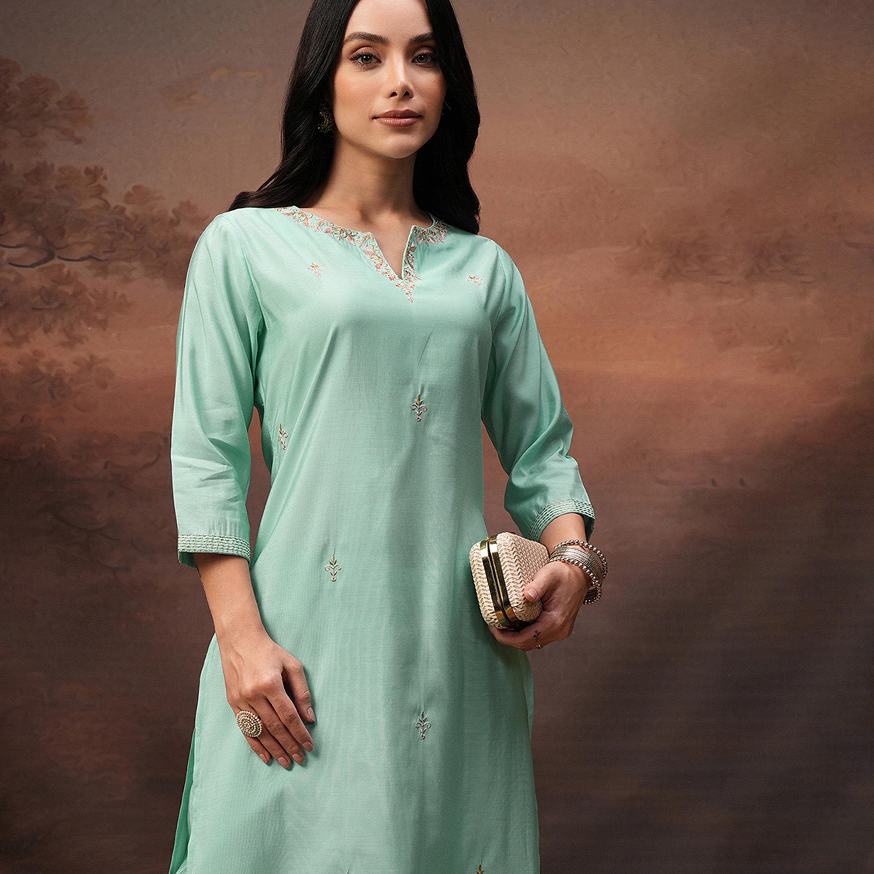 فيشود × ستايلي - تونيك مطرز برقبة دائرية وأكمام ثلاثة أرباع مع بنطال - فيروزي-women-clothing-coordsets-image-2