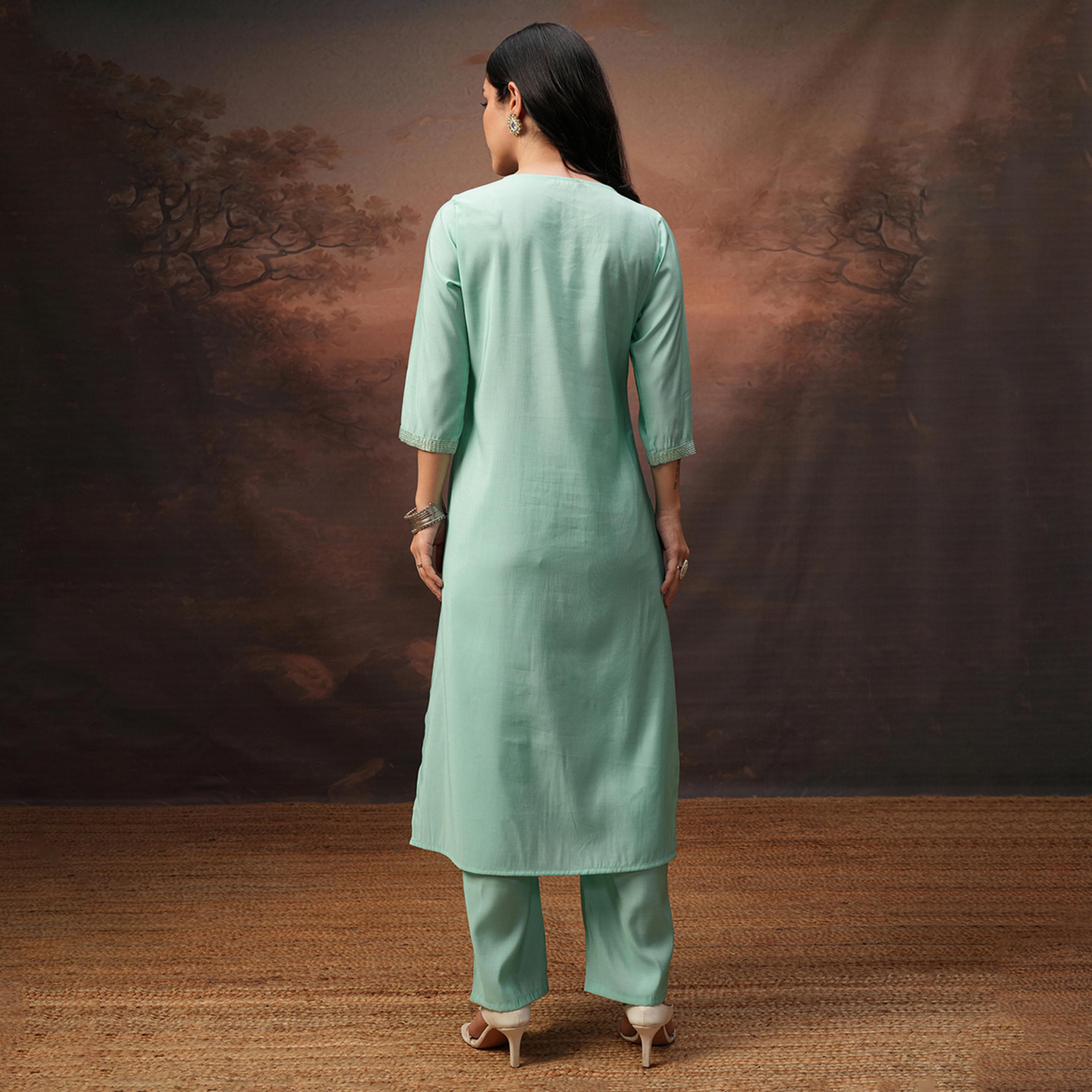 فيشود × ستايلي - تونيك مطرز برقبة دائرية وأكمام ثلاثة أرباع مع بنطال - فيروزي-women-clothing-coordsets-image-3