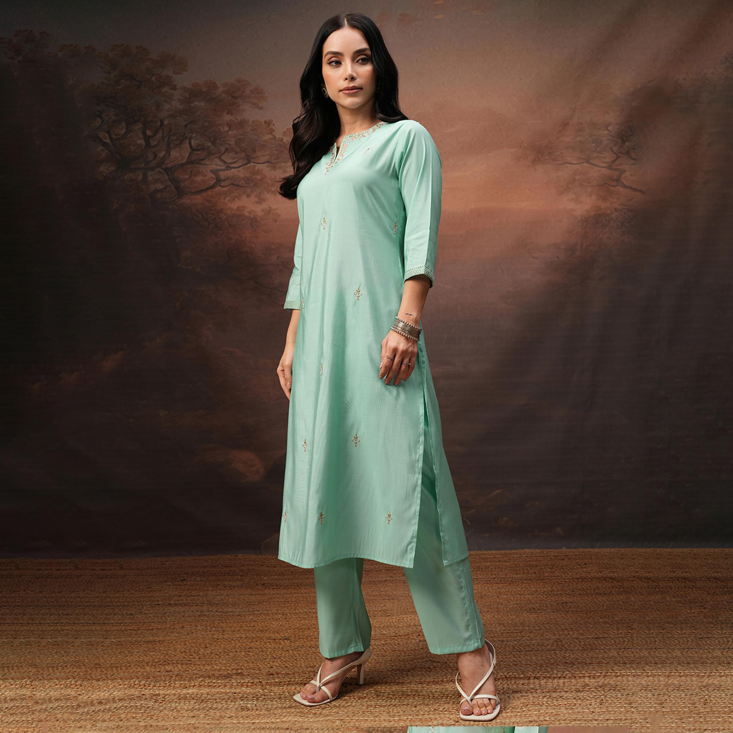 فيشود × ستايلي - تونيك مطرز برقبة دائرية وأكمام ثلاثة أرباع مع بنطال - فيروزي-women-clothing-coordsets-image-4