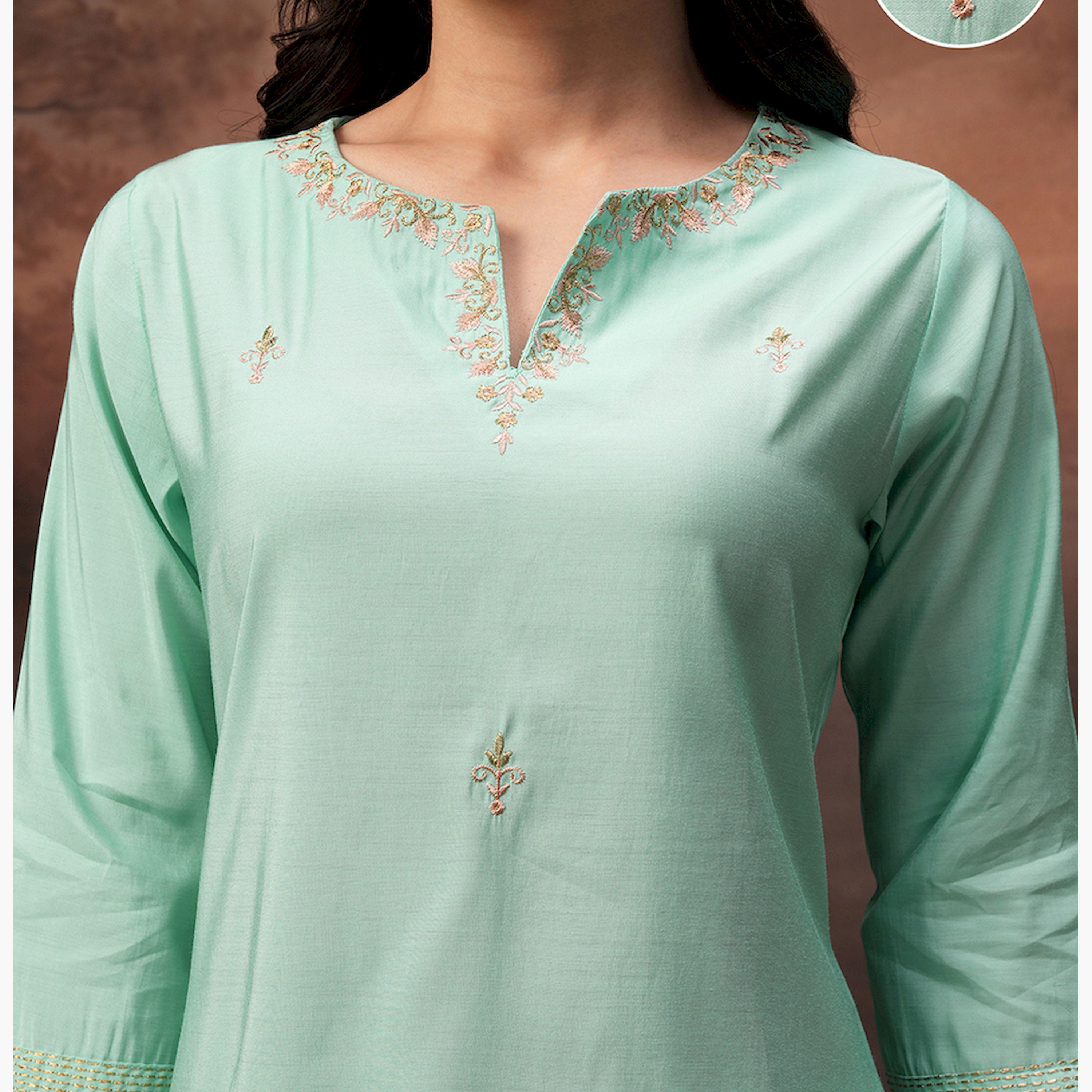 فيشود × ستايلي - تونيك مطرز برقبة دائرية وأكمام ثلاثة أرباع مع بنطال - فيروزي-women-clothing-coordsets-image-5