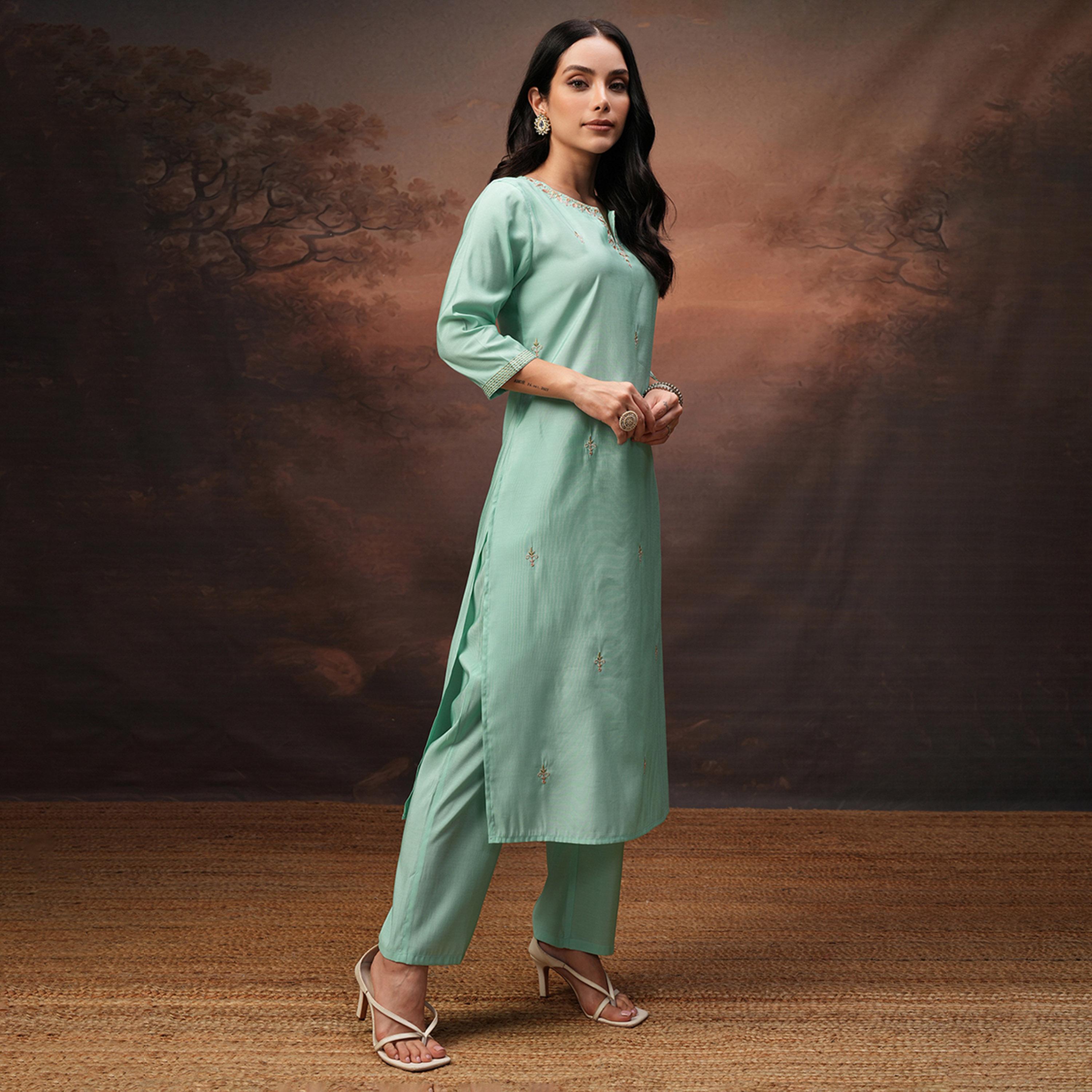 فيشود × ستايلي - تونيك مطرز برقبة دائرية وأكمام ثلاثة أرباع مع بنطال - فيروزي-women-clothing-coordsets-image-6