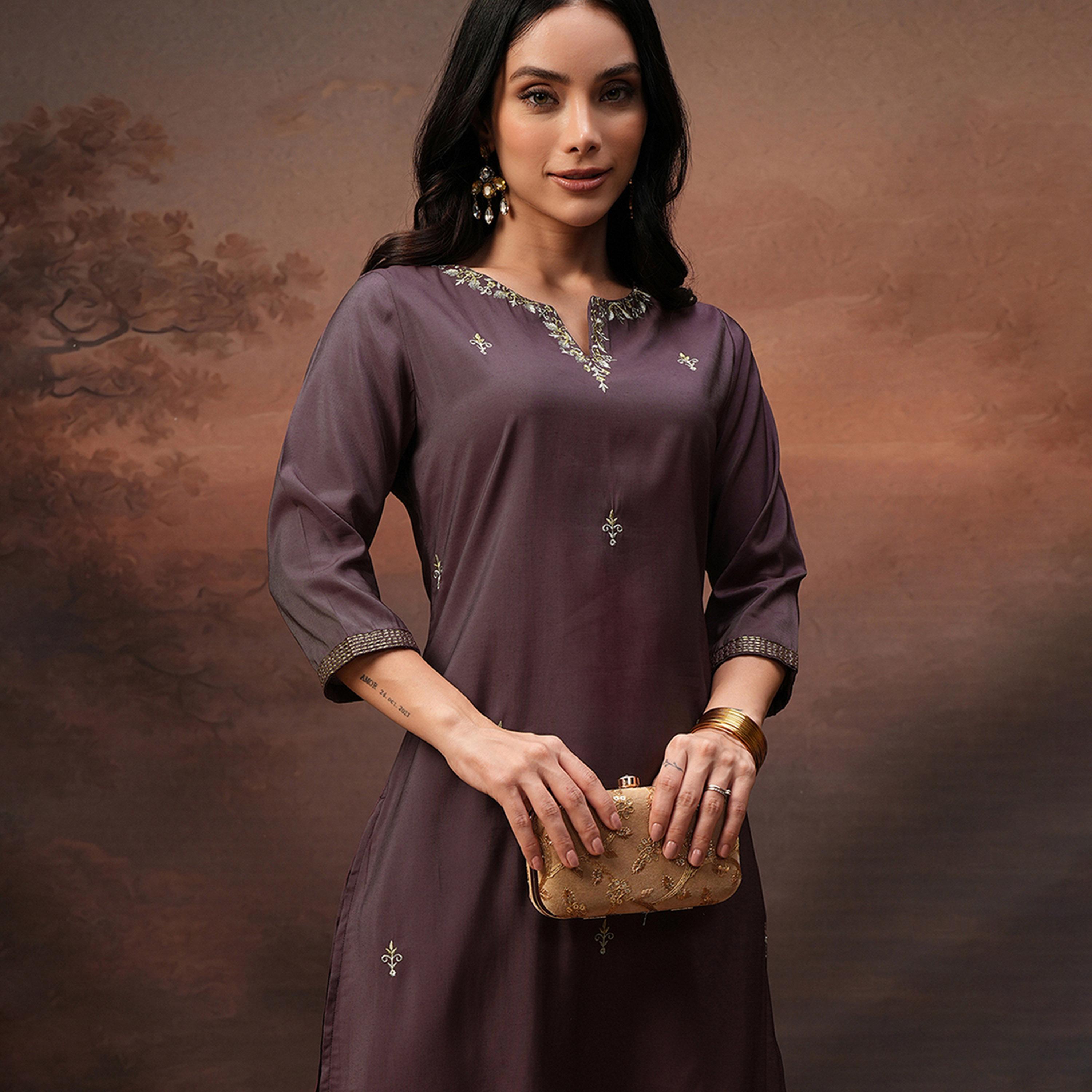 فيشود × ستايلي - تونيك مطرز برقبة دائرية وأكمام ثلاثة أرباع مع بنطال - برغندي-women-clothing-coordsets-image-2