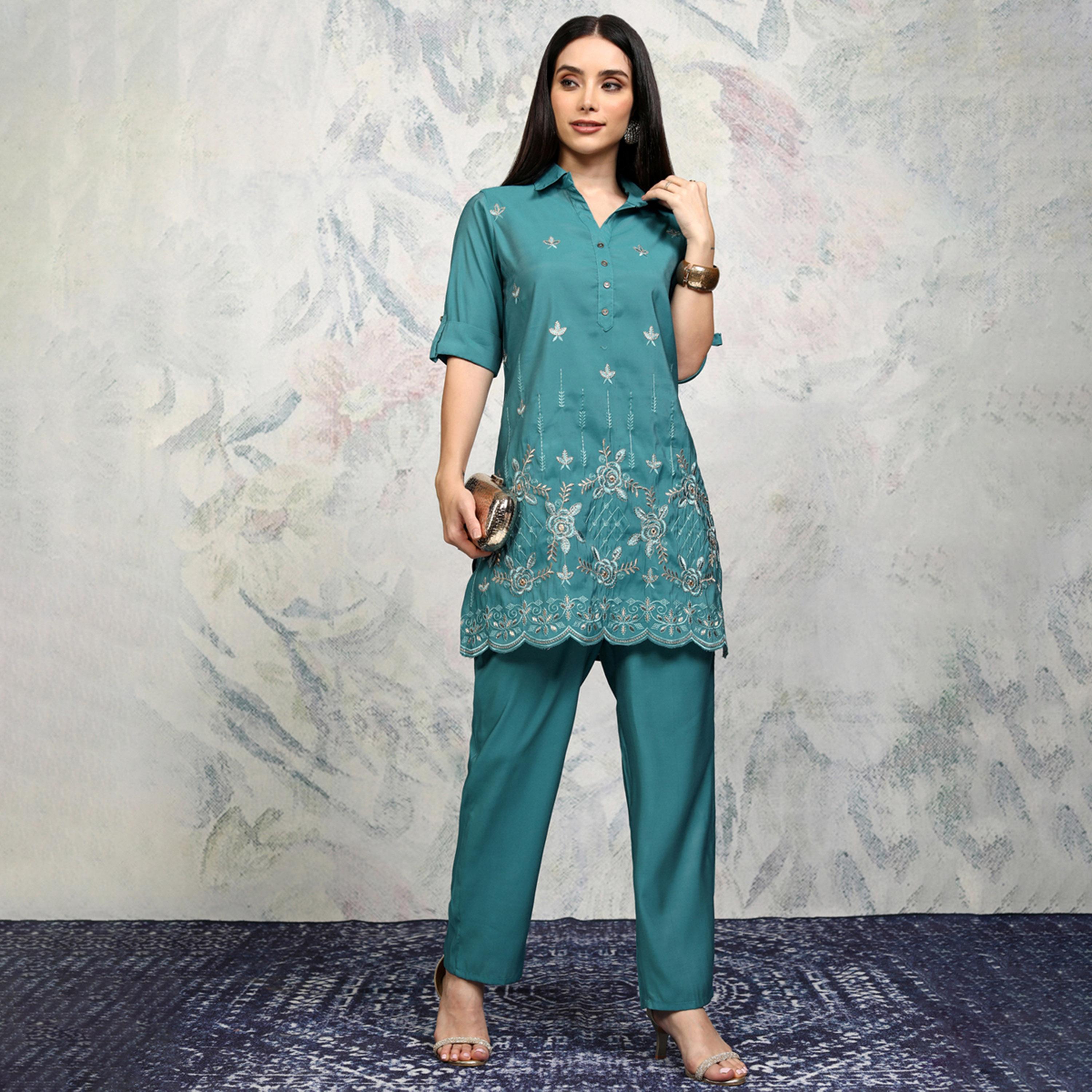 Vishudh X Styli Teal Blue Shirt Collar Embroidered Tunic with Trouser-women-clothing-coordsets-image-1