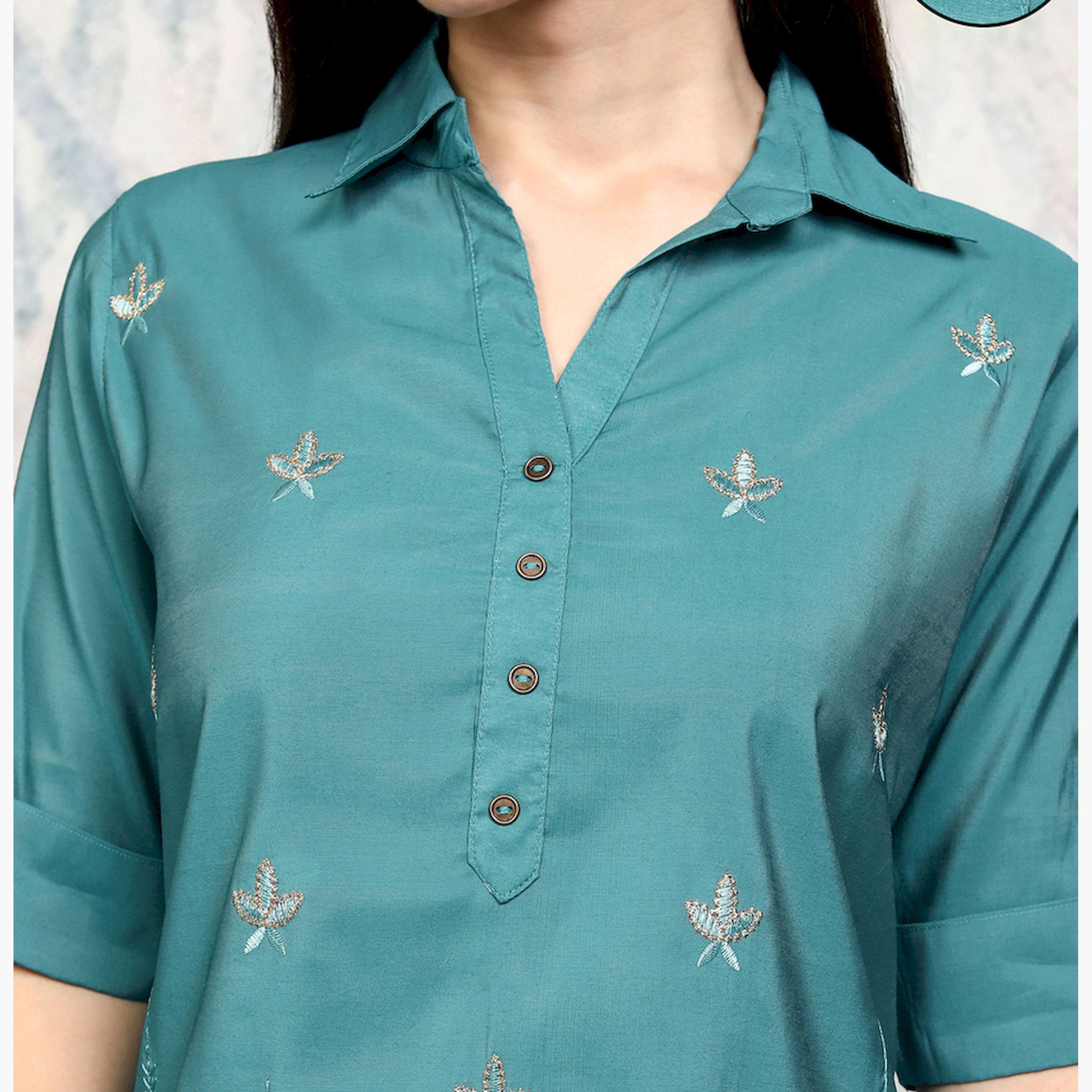 Vishudh X Styli Teal Blue Shirt Collar Embroidered Tunic with Trouser-women-clothing-coordsets-image-4