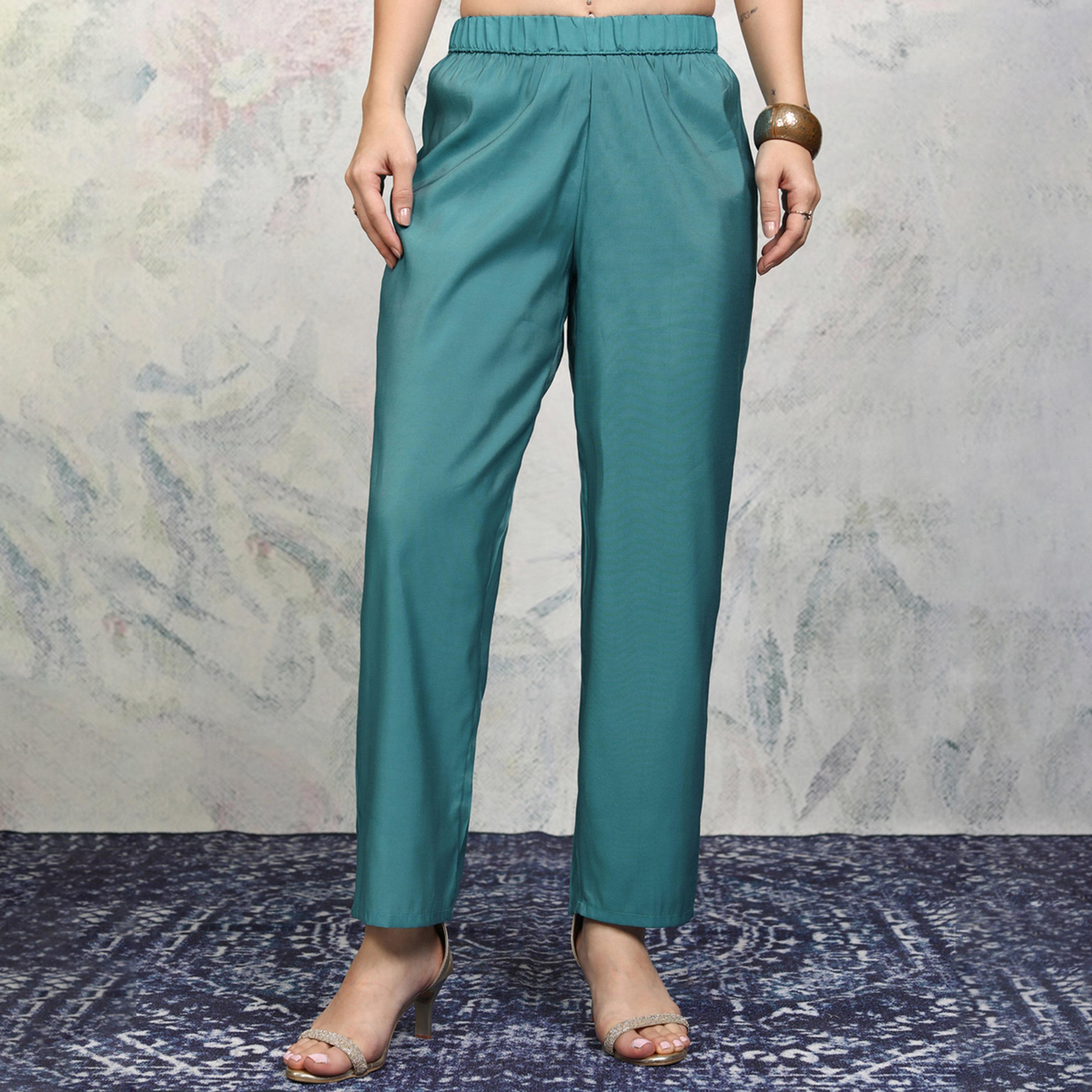 Vishudh X Styli Teal Blue Shirt Collar Embroidered Tunic with Trouser-women-clothing-coordsets-image-6